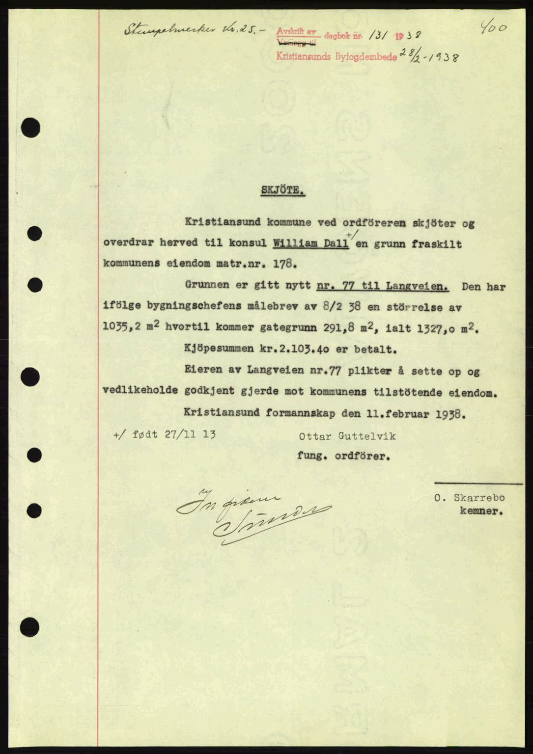 Kristiansund byfogd, AV/SAT-A-4587/A/27: Pantebok nr. 30, 1936-1941, Dagboknr: 131/1938