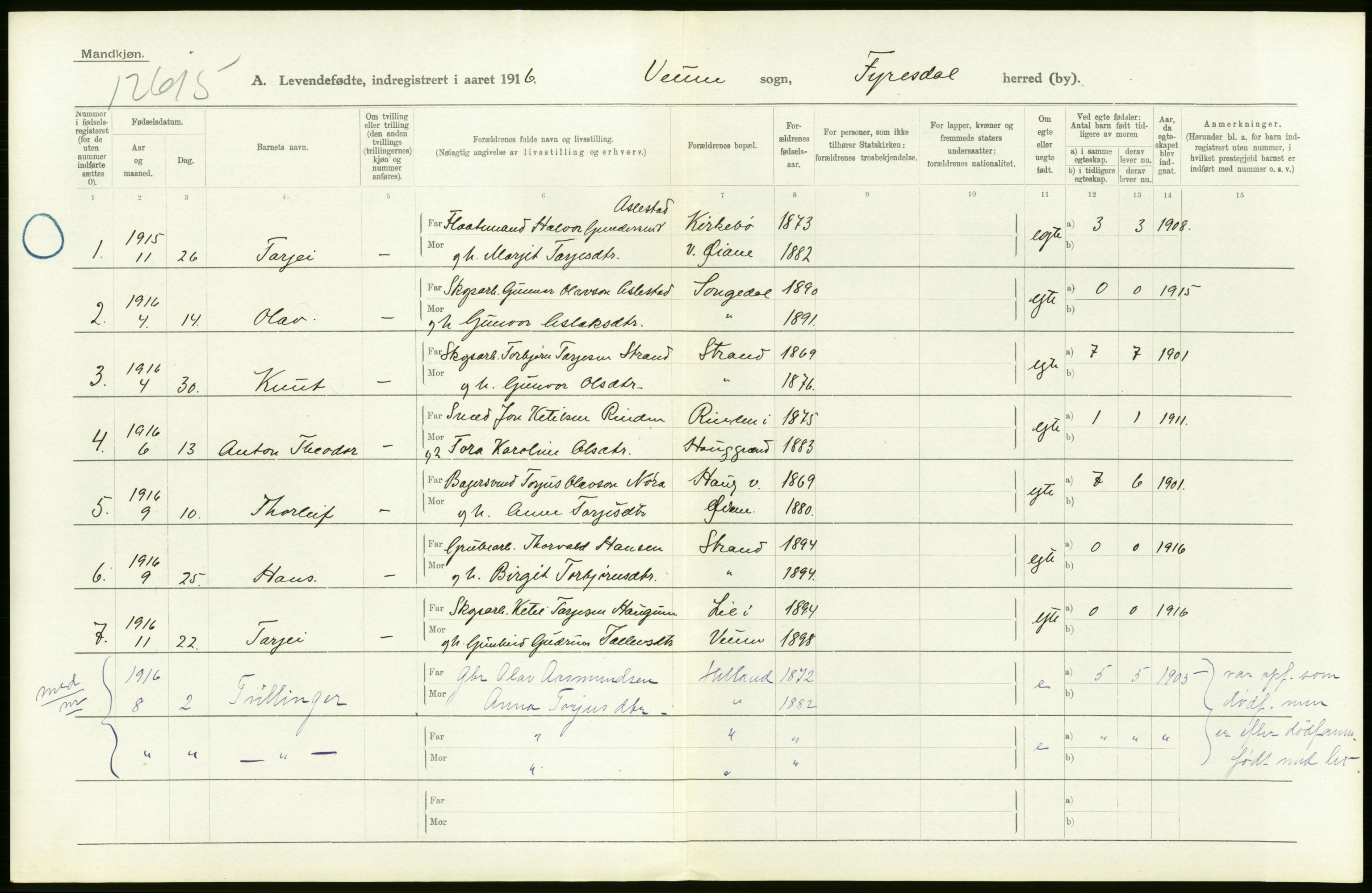 Statistisk sentralbyrå, Sosiodemografiske emner, Befolkning, AV/RA-S-2228/D/Df/Dfb/Dfbf/L0022: Bratsberg amt: Levendefødte menn og kvinner. Bygder., 1916, s. 42