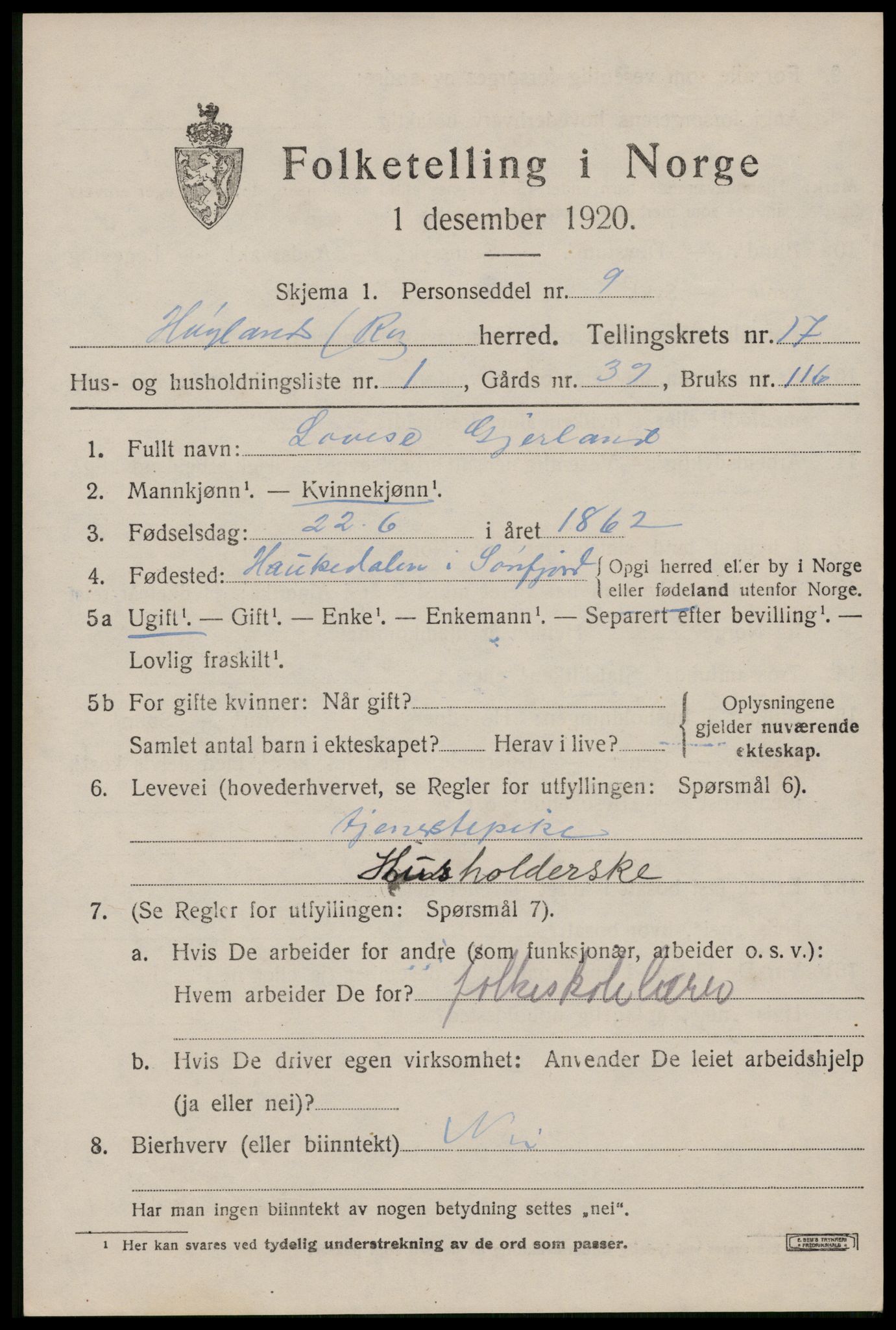 SAST, Folketelling 1920 for 1123 Høyland herred, 1920, s. 15616