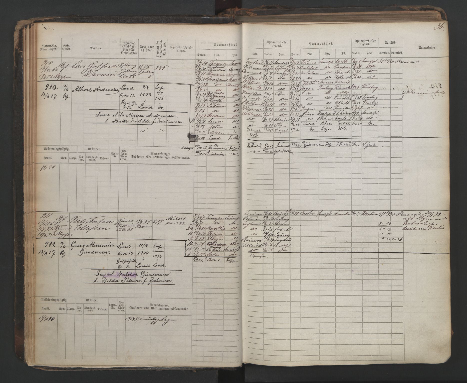 Larvik innrulleringskontor, SAKO/A-787/F/Fc/L0003: Hovedrulle, 1868, s. 36