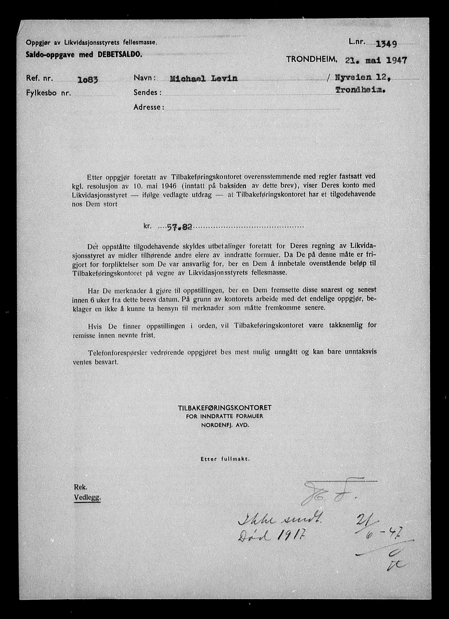 Justisdepartementet, Tilbakeføringskontoret for inndratte formuer, AV/RA-S-1564/H/Hc/Hca/L0903: --, 1945-1947, s. 90