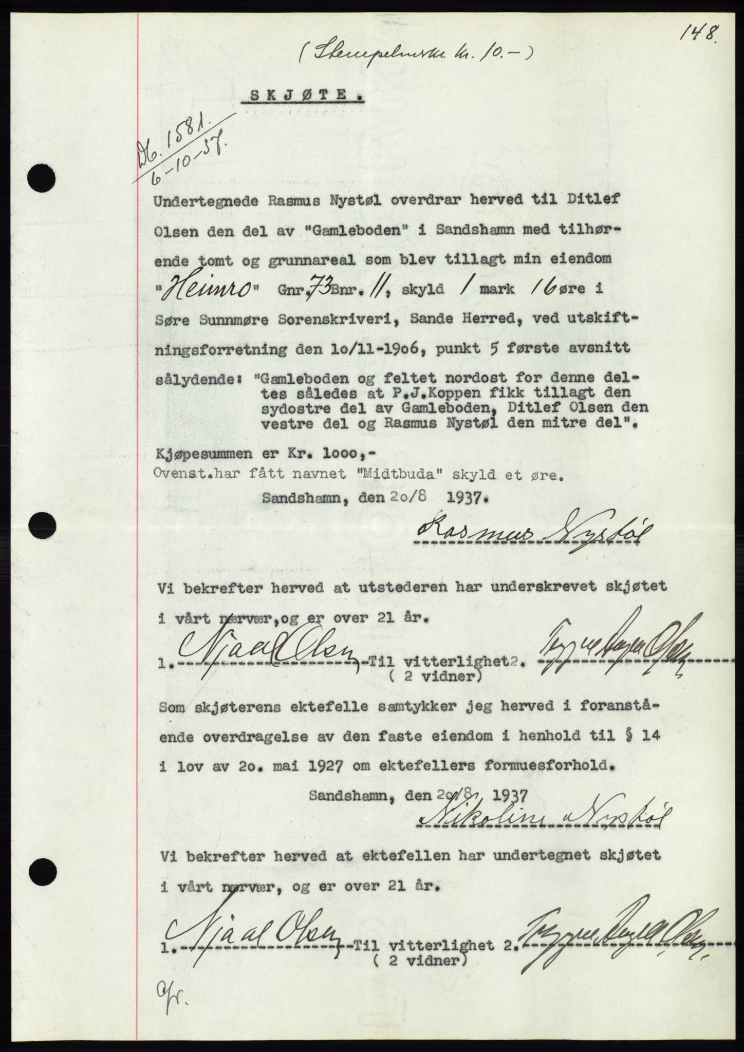 Søre Sunnmøre sorenskriveri, SAT/A-4122/1/2/2C/L0064: Pantebok nr. 58, 1937-1938, Dagboknr: 1581/1937