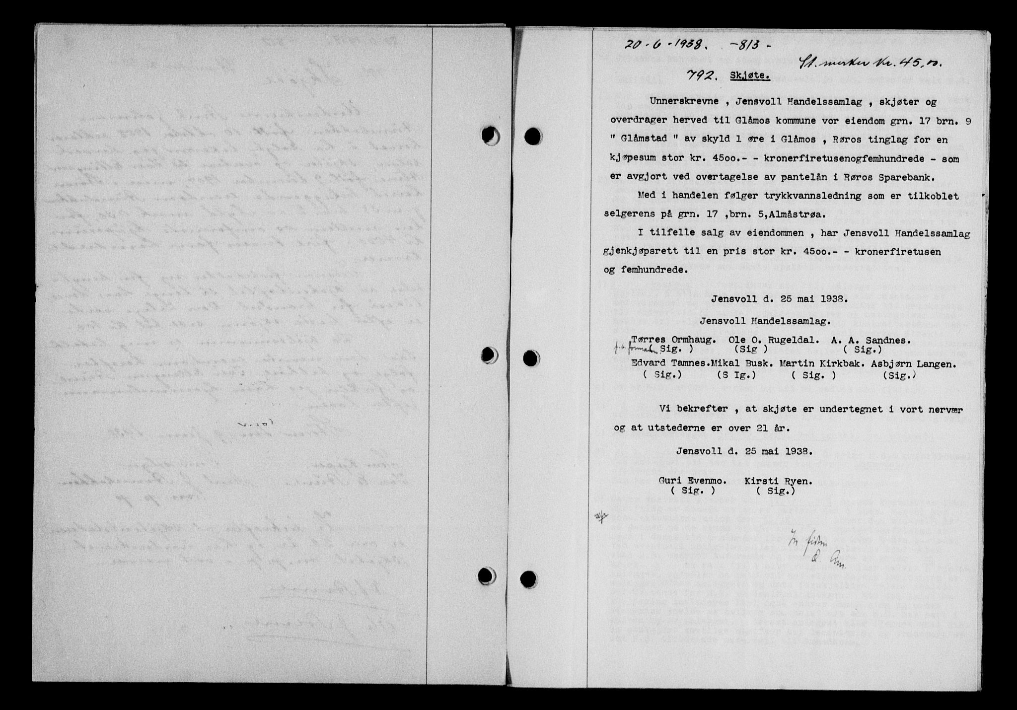 Gauldal sorenskriveri, SAT/A-0014/1/2/2C/L0048: Pantebok nr. 51-52, 1937-1938, s. 813, Dagboknr: 792/1938