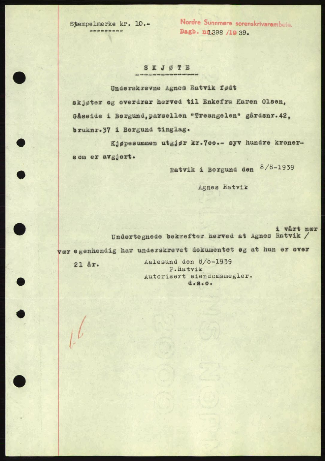 Nordre Sunnmøre sorenskriveri, SAT/A-0006/1/2/2C/2Ca: Pantebok nr. A7, 1939-1939, Dagboknr: 1398/1939