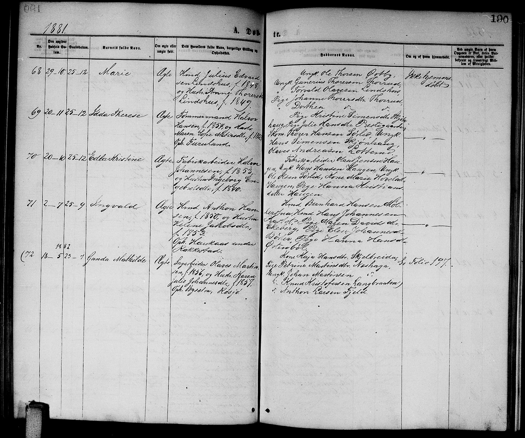 Enebakk prestekontor Kirkebøker, AV/SAO-A-10171c/G/Ga/L0005: Klokkerbok nr. I 5, 1867-1888, s. 190