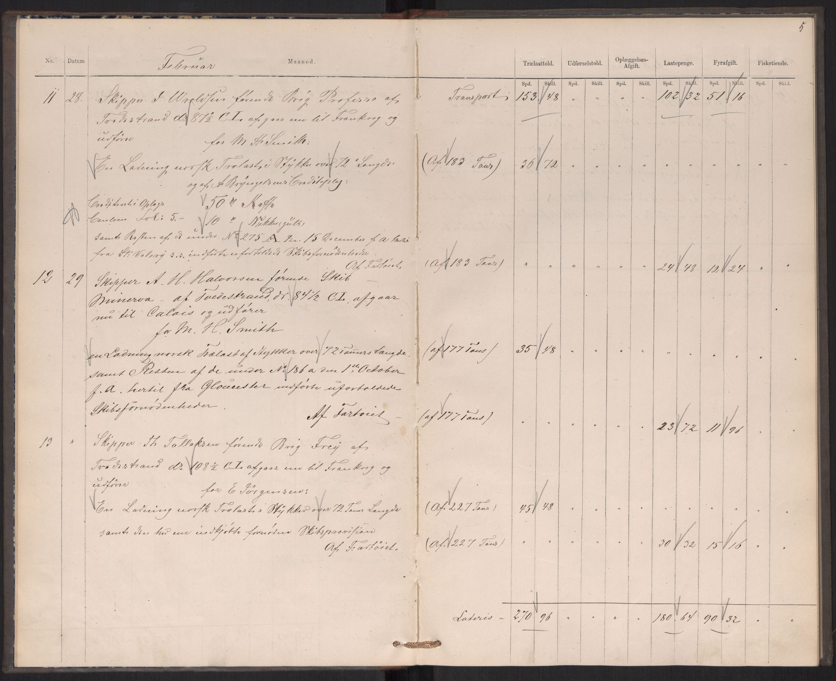 Revisjonsdepartementet, 2. revisjonskontor, AV/RA-S-1115/E/E039/L0276: Tvedestrand: Utgående tollbok, 1876, s. 5