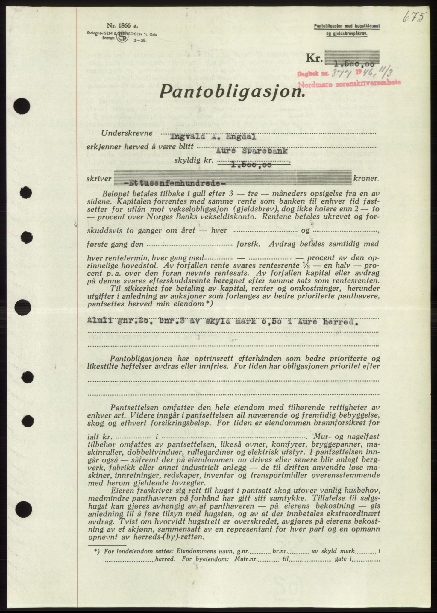 Nordmøre sorenskriveri, SAT/A-4132/1/2/2Ca: Pantebok nr. B93b, 1946-1946, Dagboknr: 377/1946