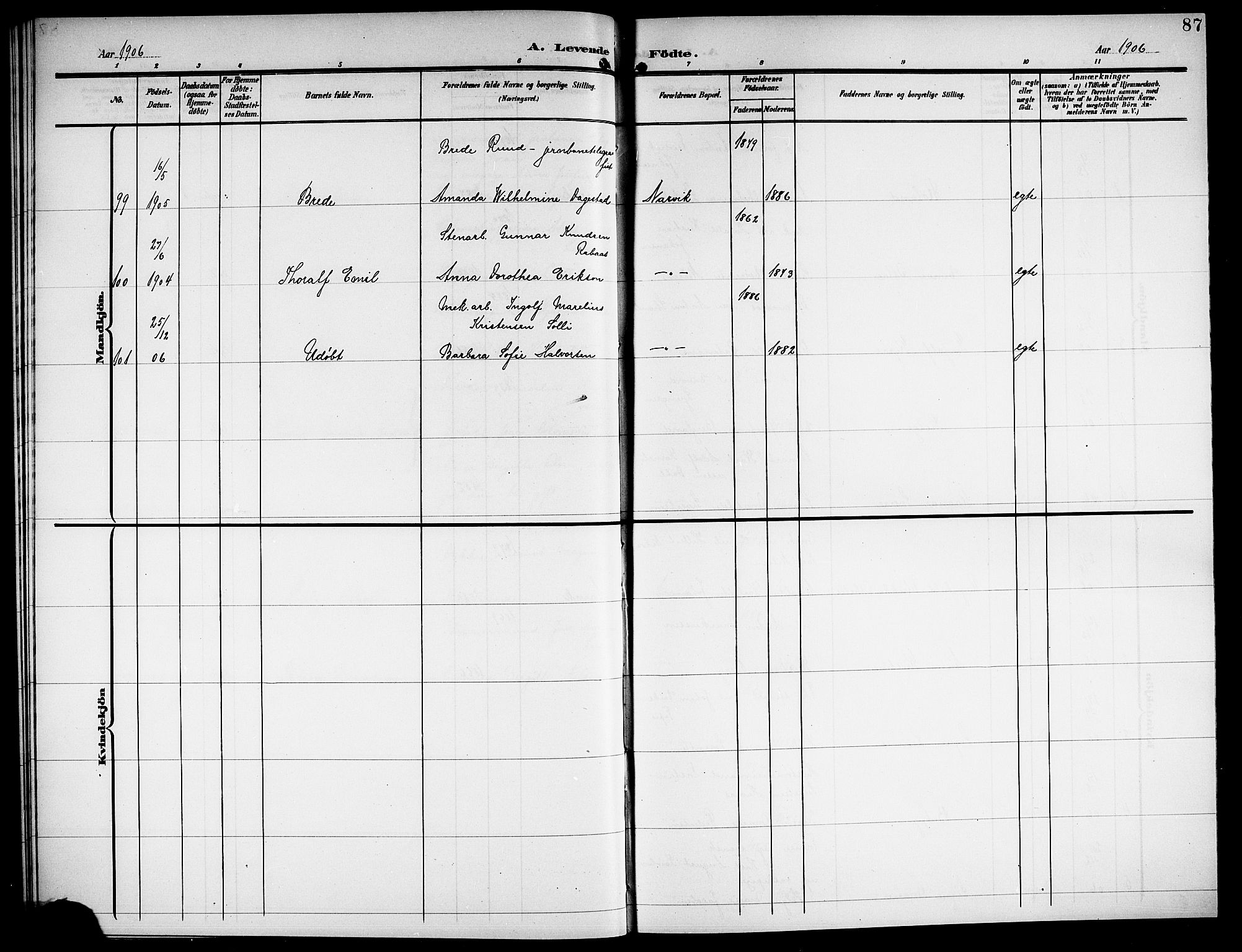 Ministerialprotokoller, klokkerbøker og fødselsregistre - Nordland, AV/SAT-A-1459/871/L1012: Klokkerbok nr. 871C01, 1902-1909, s. 87