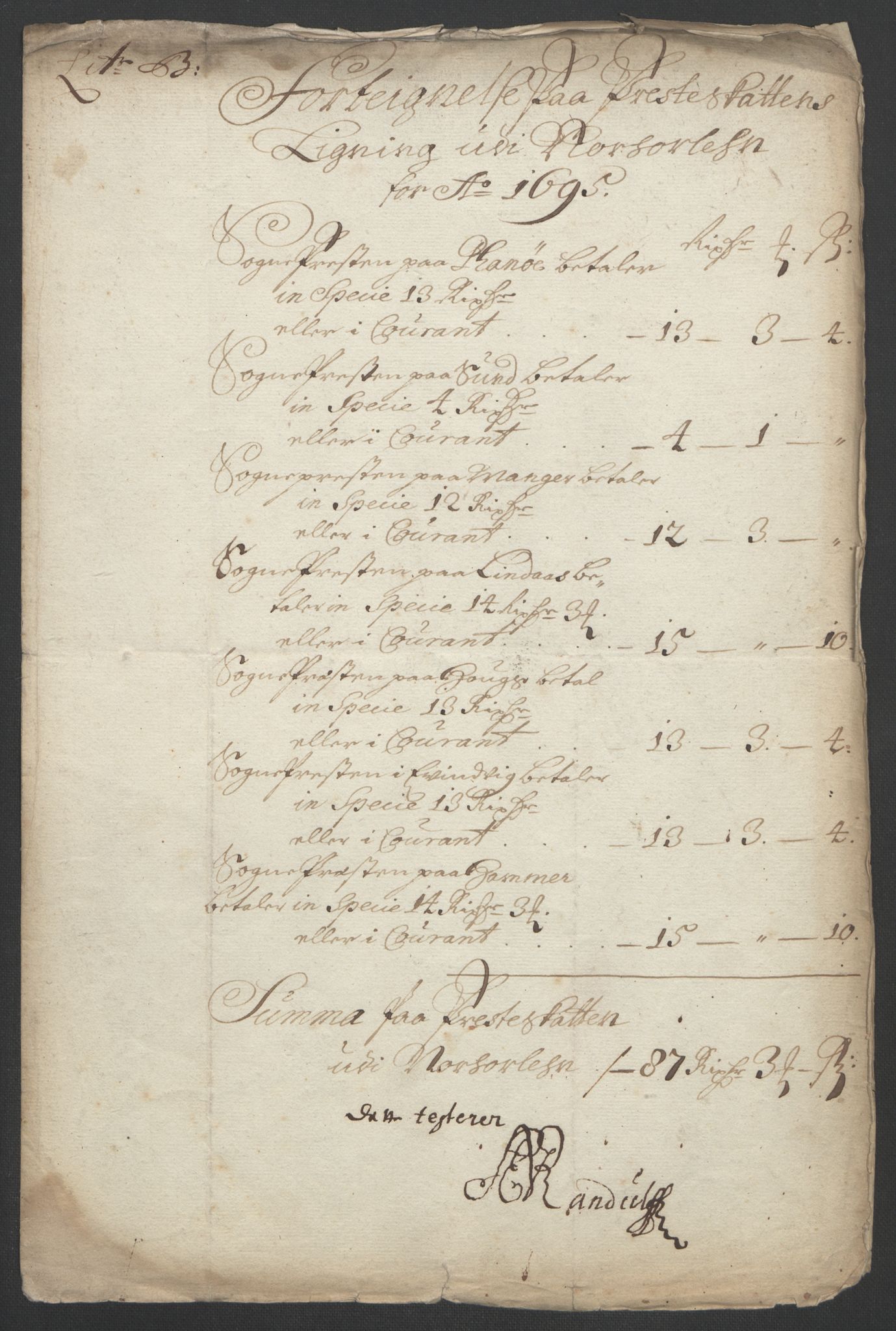 Rentekammeret inntil 1814, Reviderte regnskaper, Fogderegnskap, AV/RA-EA-4092/R51/L3183: Fogderegnskap Nordhordland og Voss, 1695-1697, s. 103