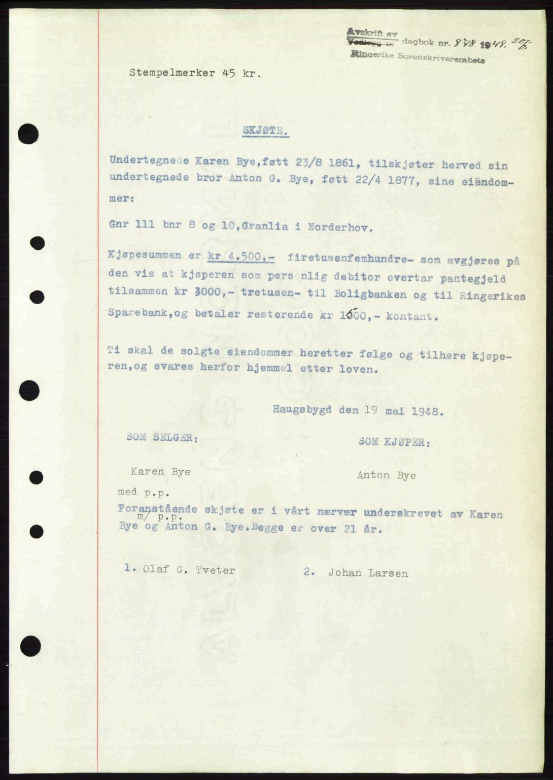 Ringerike sorenskriveri, SAKO/A-105/G/Ga/Gab/L0088: Pantebok nr. A-19, 1948-1948, Dagboknr: 878/1948