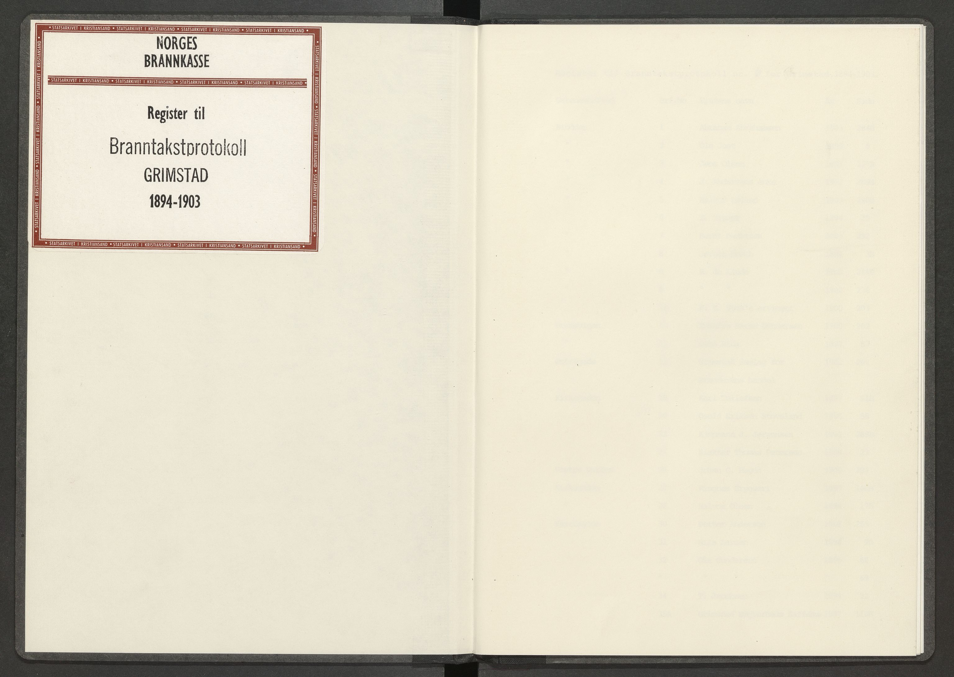 Norges Brannkasse Grimstad, AV/SAK-2241-0018/F/Fa/L0007: Løst register over brannforsikringsnummer og gatenavn til branntakstprotokoll nr. 6, 1894-1903