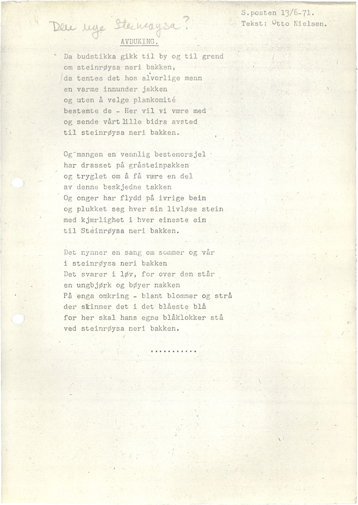 Otto Nielsen, TRKO/PA-1176/F/L0001/0013: Egne viser A-J / Avduking, 1971