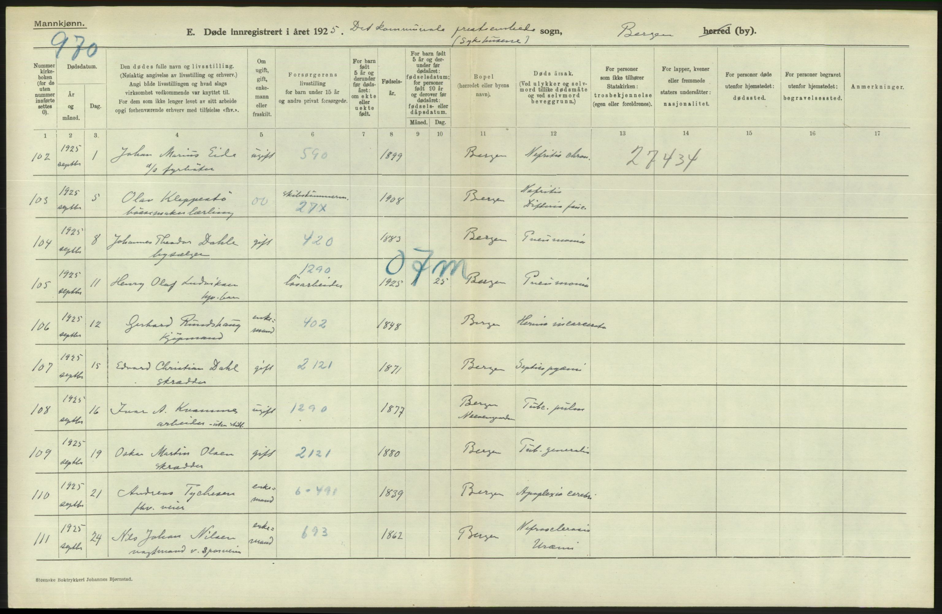 Statistisk sentralbyrå, Sosiodemografiske emner, Befolkning, AV/RA-S-2228/D/Df/Dfc/Dfce/L0029: Bergen: Gifte, døde., 1925, s. 536