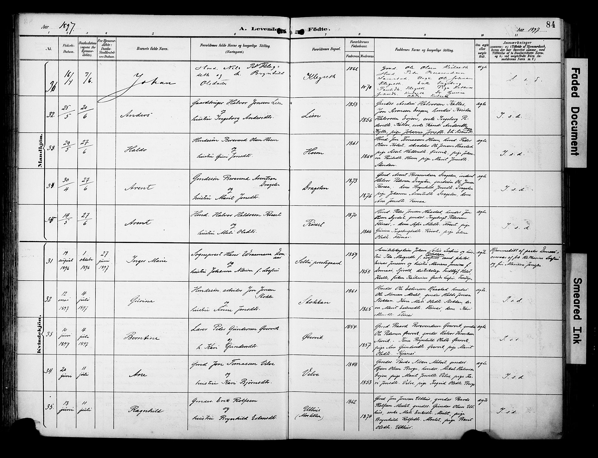 Ministerialprotokoller, klokkerbøker og fødselsregistre - Sør-Trøndelag, AV/SAT-A-1456/695/L1149: Ministerialbok nr. 695A09, 1891-1902, s. 84