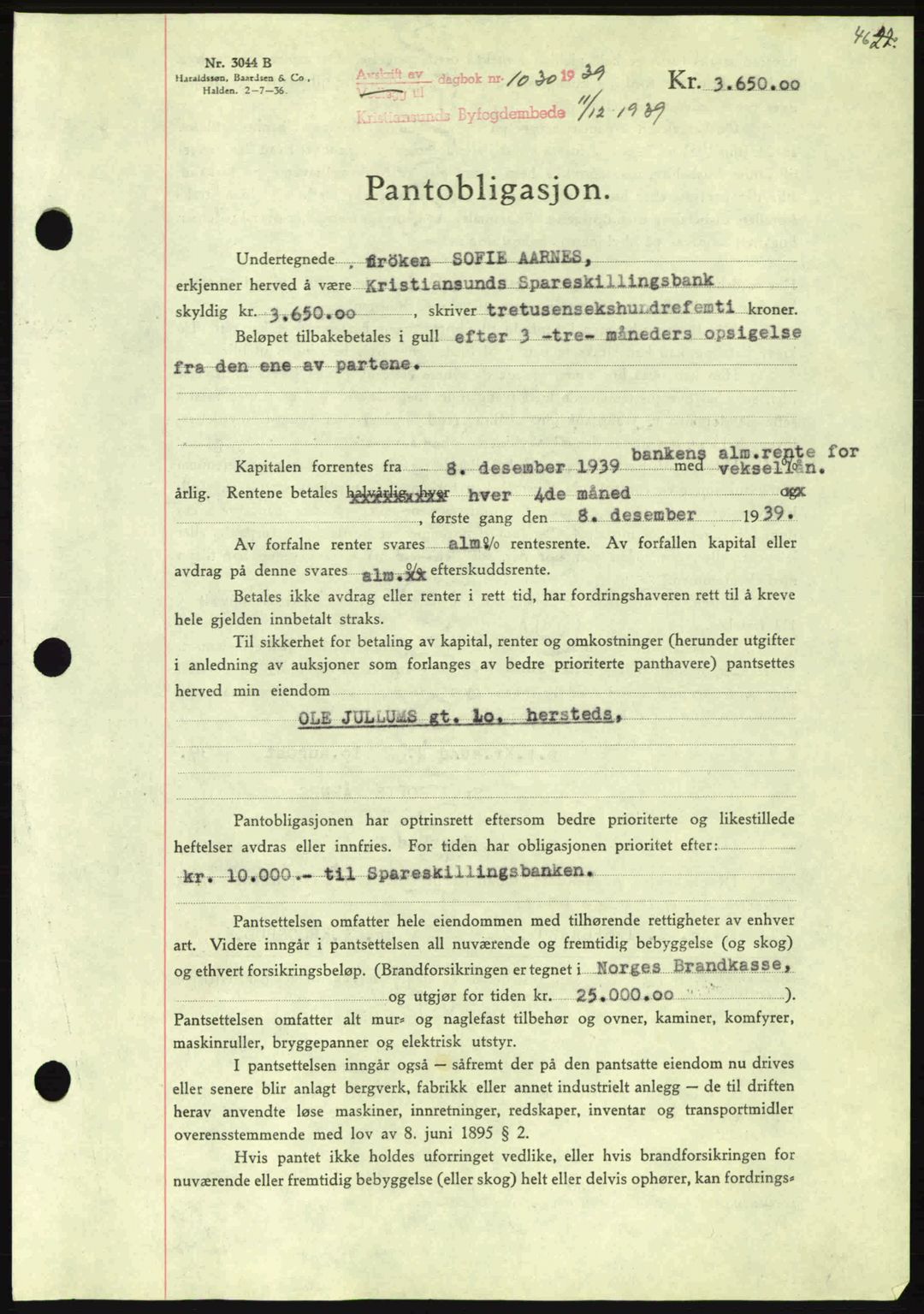 Kristiansund byfogd, AV/SAT-A-4587/A/27: Pantebok nr. 33, 1939-1941, Dagboknr: 1030/1939