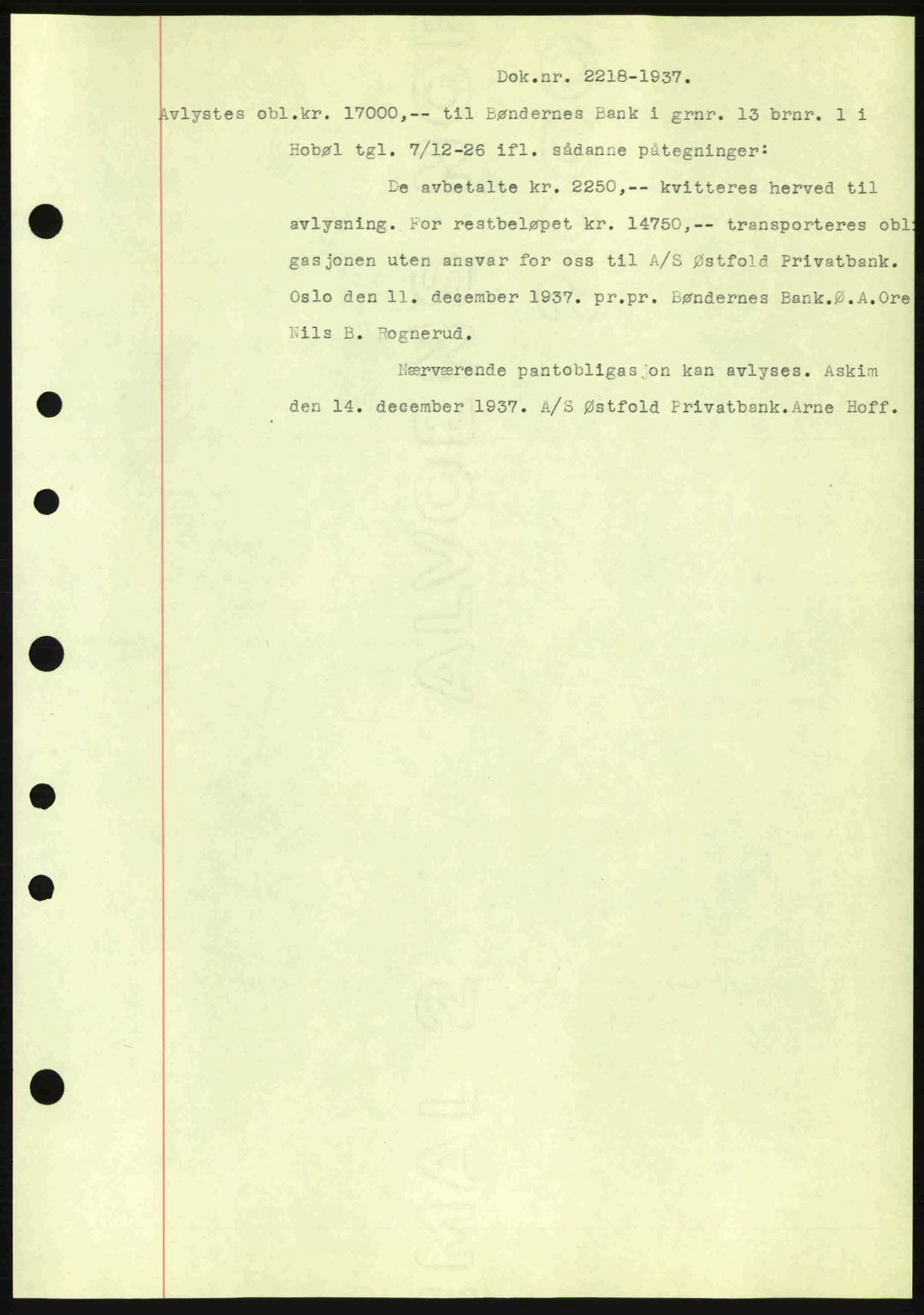 Moss sorenskriveri, SAO/A-10168: Pantebok nr. B4, 1937-1938, Dagboknr: 2218/1937
