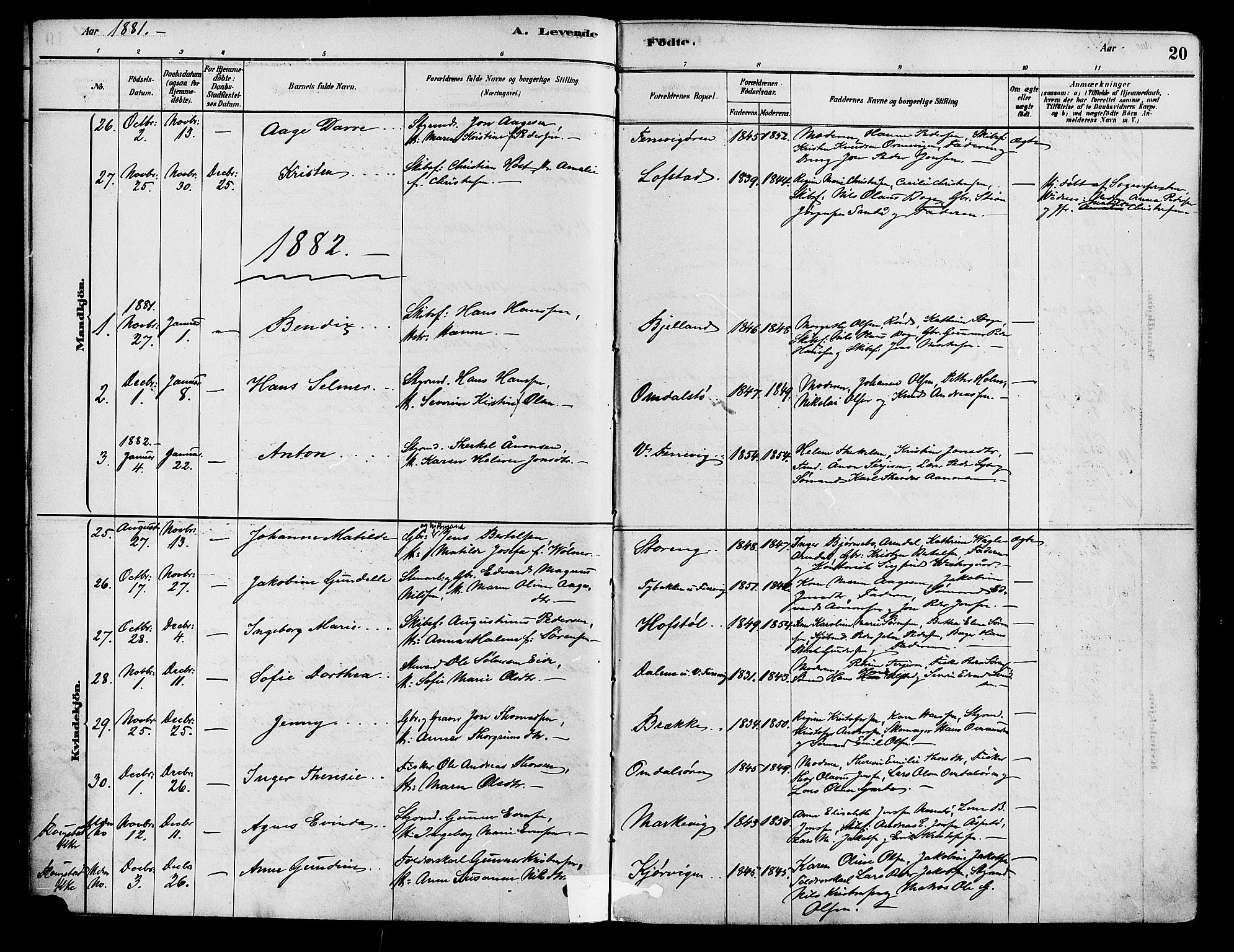 Tromøy sokneprestkontor, AV/SAK-1111-0041/F/Fa/L0009: Ministerialbok nr. A 9, 1878-1896, s. 20