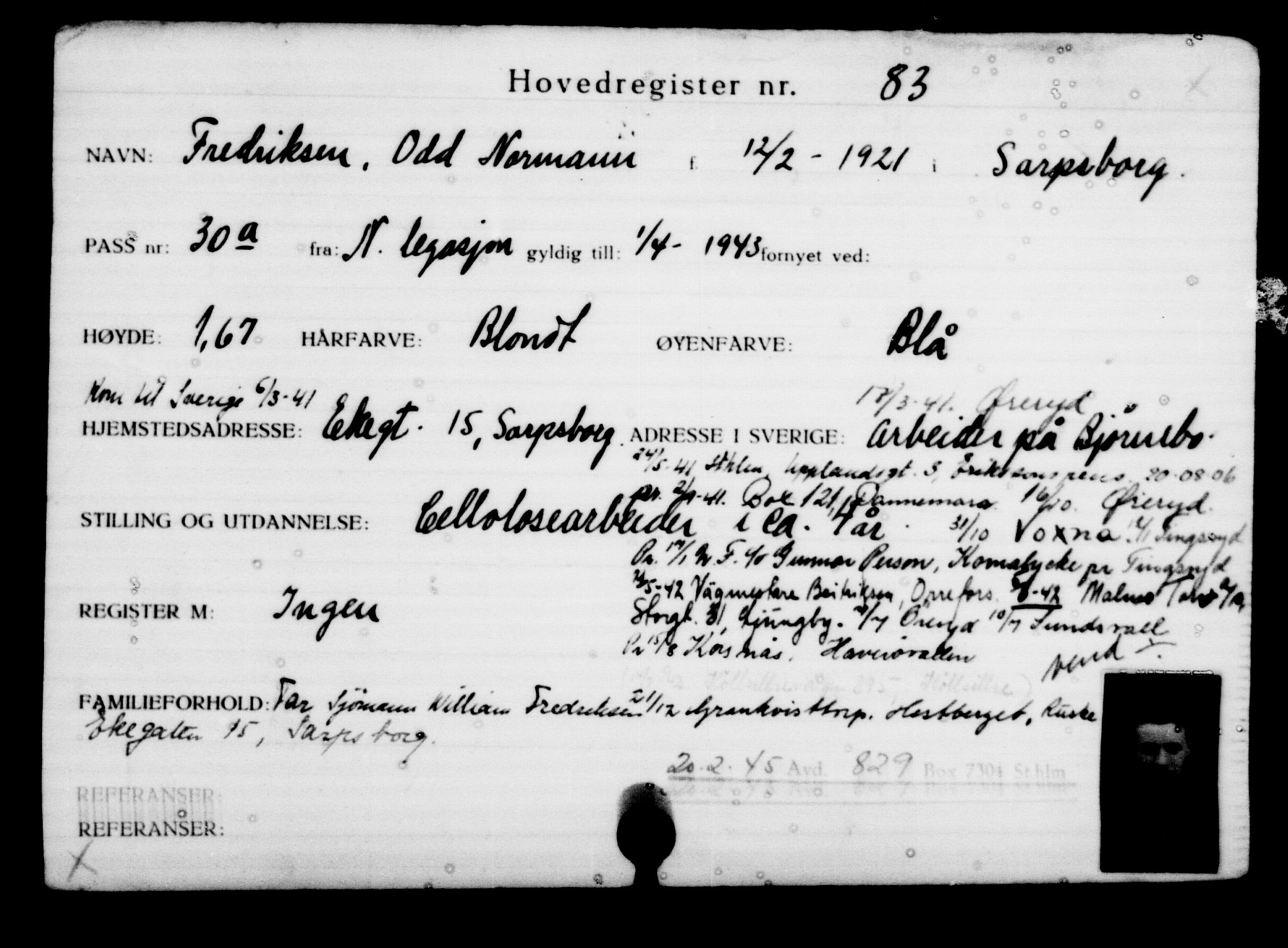 Utenriksstasjonene, Legasjonen i Stockholm, Flyktningkontoret, AV/RA-S-6753/V/Va/L0001: Kjesäterkartoteket, flyktninger med registreringsnr. 1-1000, 1940-1945, s. 143