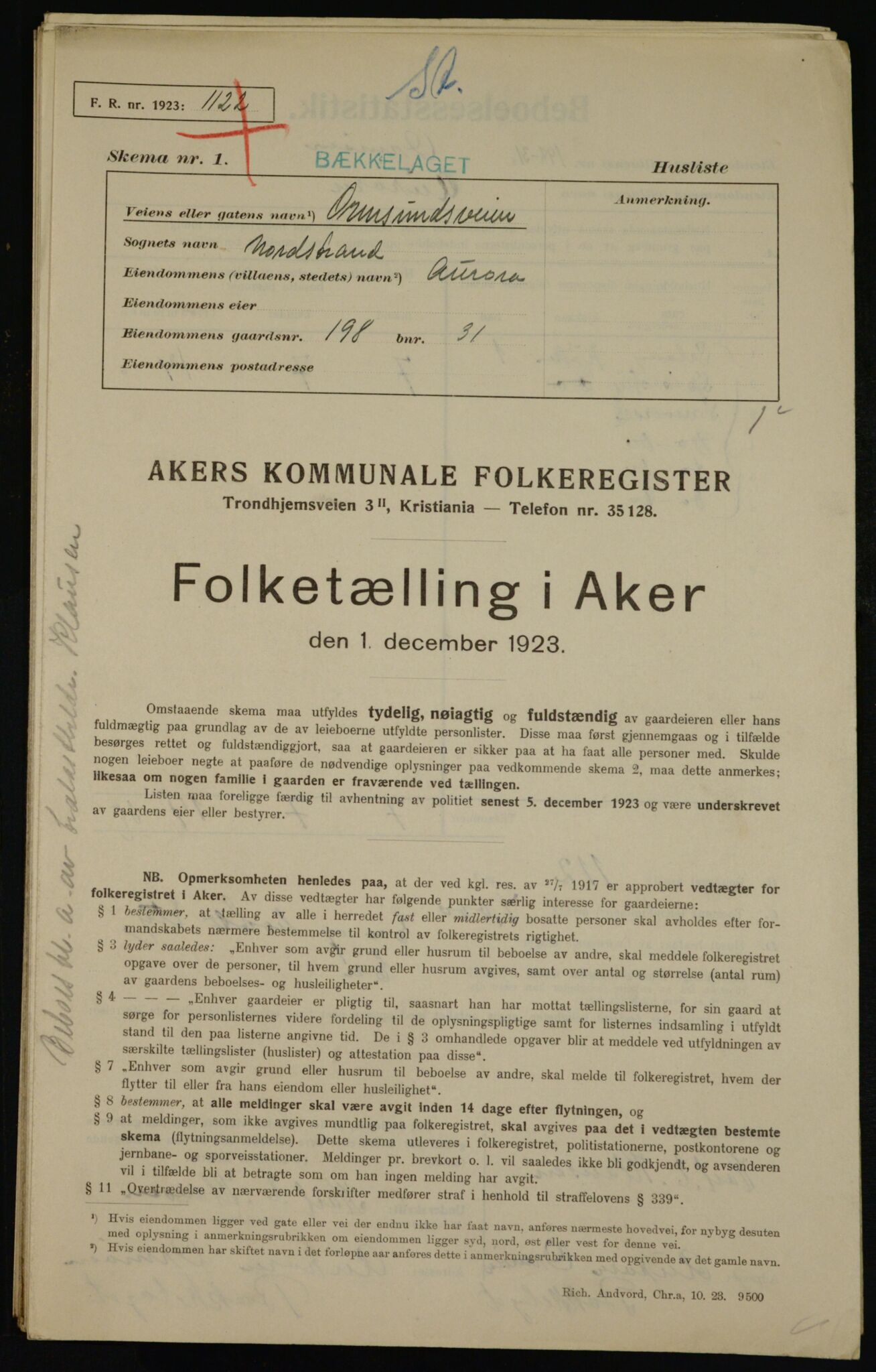 , Kommunal folketelling 1.12.1923 for Aker, 1923, s. 43206