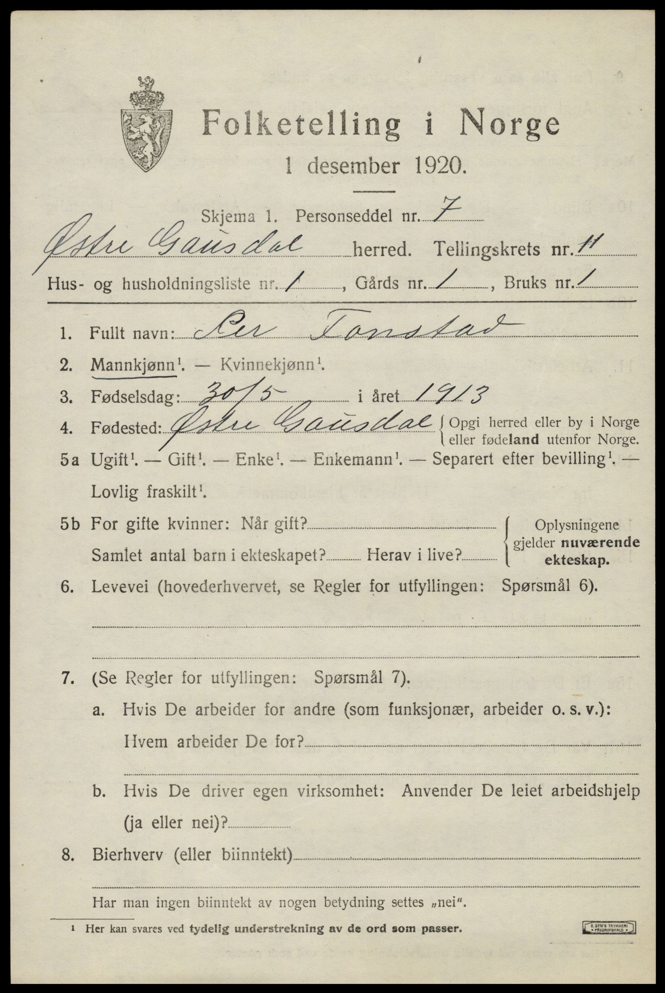 SAH, Folketelling 1920 for 0522 Østre Gausdal herred, 1920, s. 5840