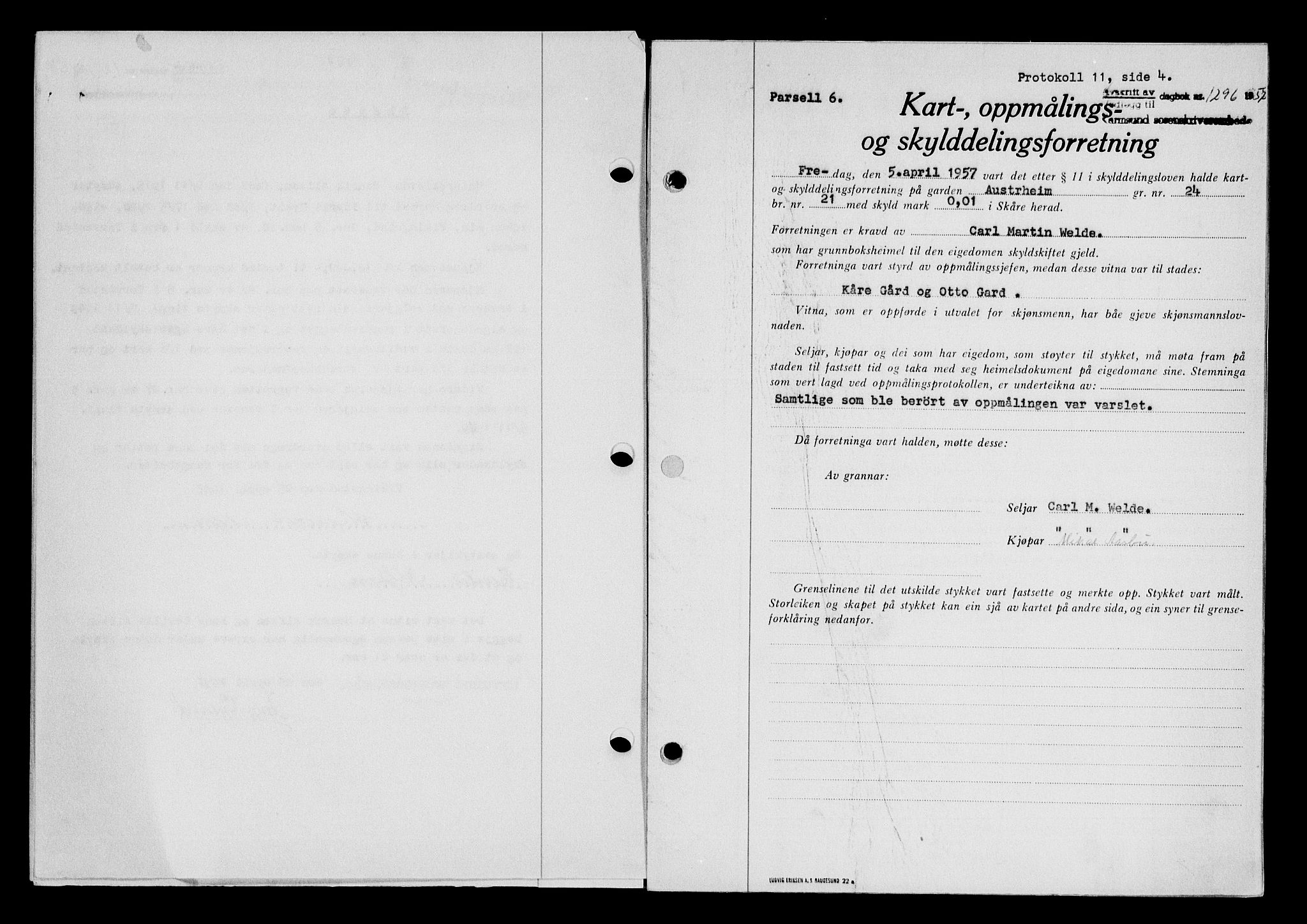 Karmsund sorenskriveri, SAST/A-100311/01/II/IIB/L0124: Pantebok nr. 104A, 1957-1957, Dagboknr: 1296/1957