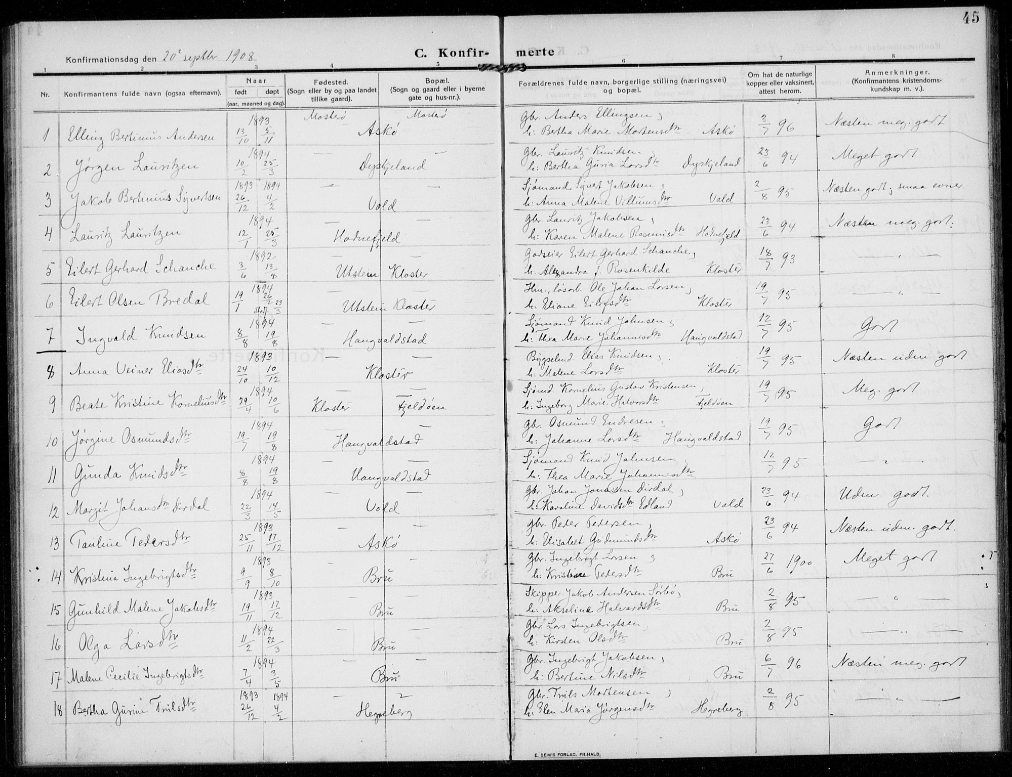 Rennesøy sokneprestkontor, AV/SAST-A -101827/H/Ha/Haa/L0017: Ministerialbok nr. A 17, 1908-1926, s. 45