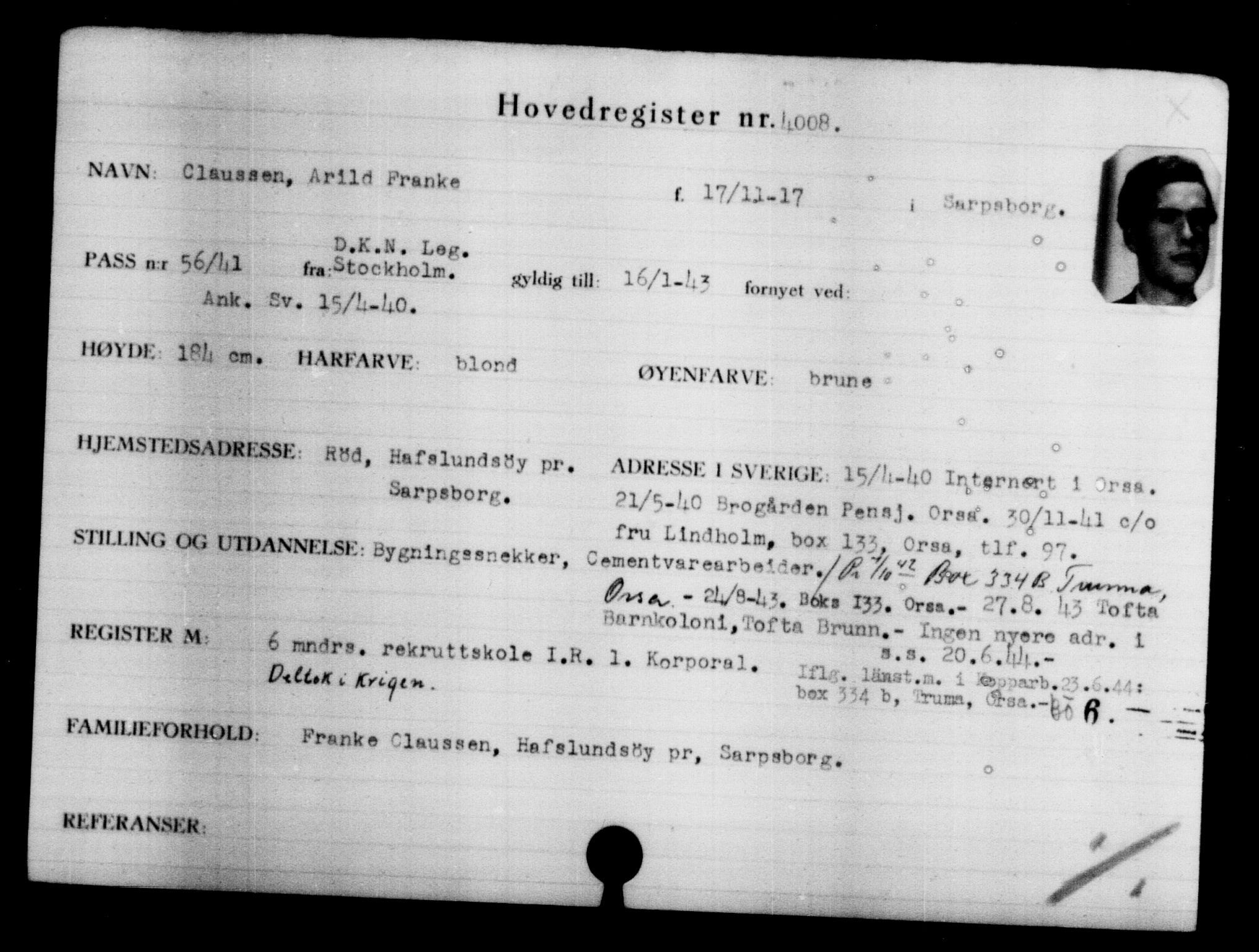 Utenriksstasjonene, Legasjonen i Stockholm, Flyktningkontoret, AV/RA-S-6753/V/Va/L0004: Kjesäterkartoteket, flyktninger med registreringsnr. 3496-6610, 1940-1945, s. 595