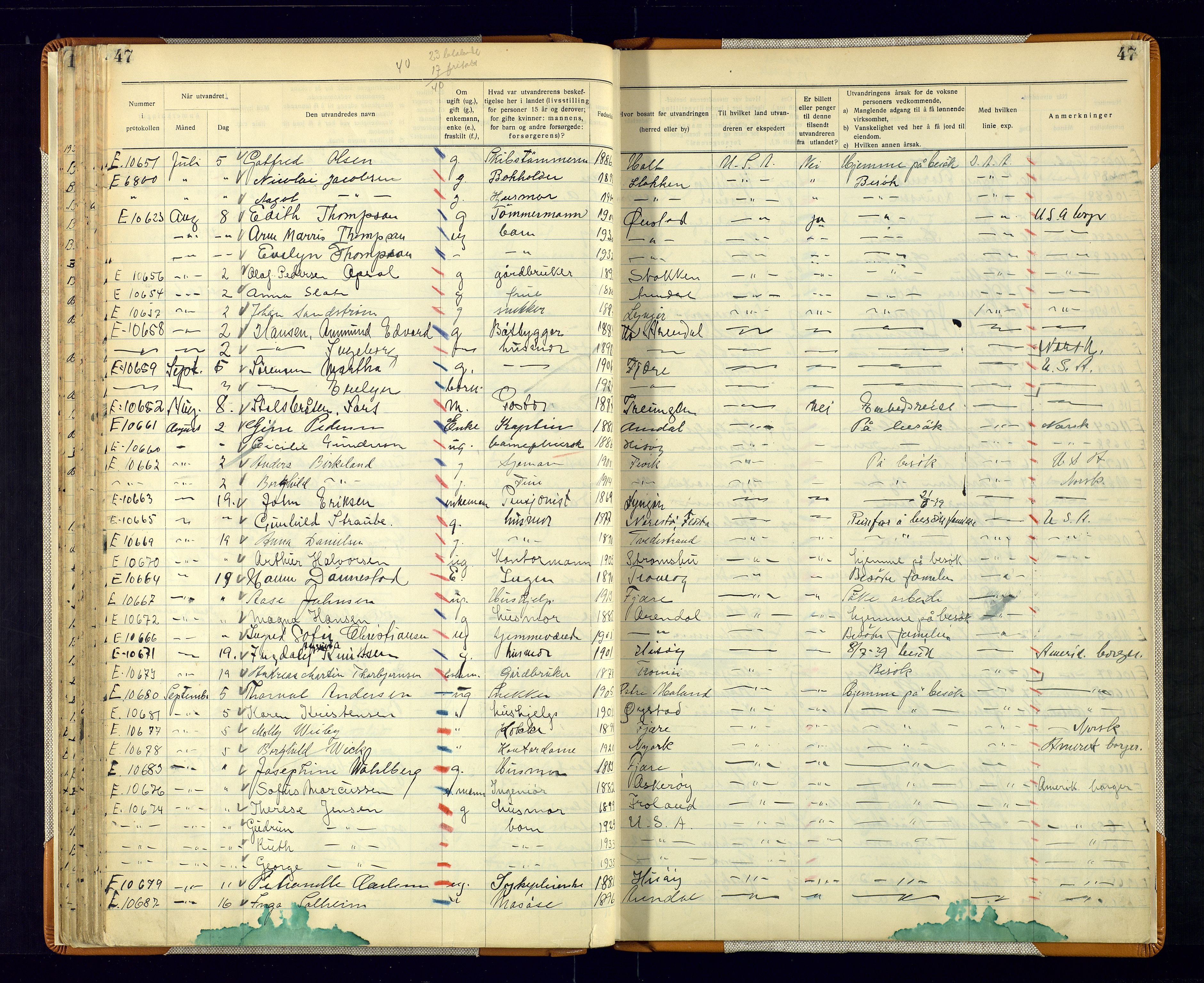 Arendal politikammer - 1, AV/SAK-1243-0001/K/Kb/L0111: Emigrantprotokoll, 1930-1946, s. 47