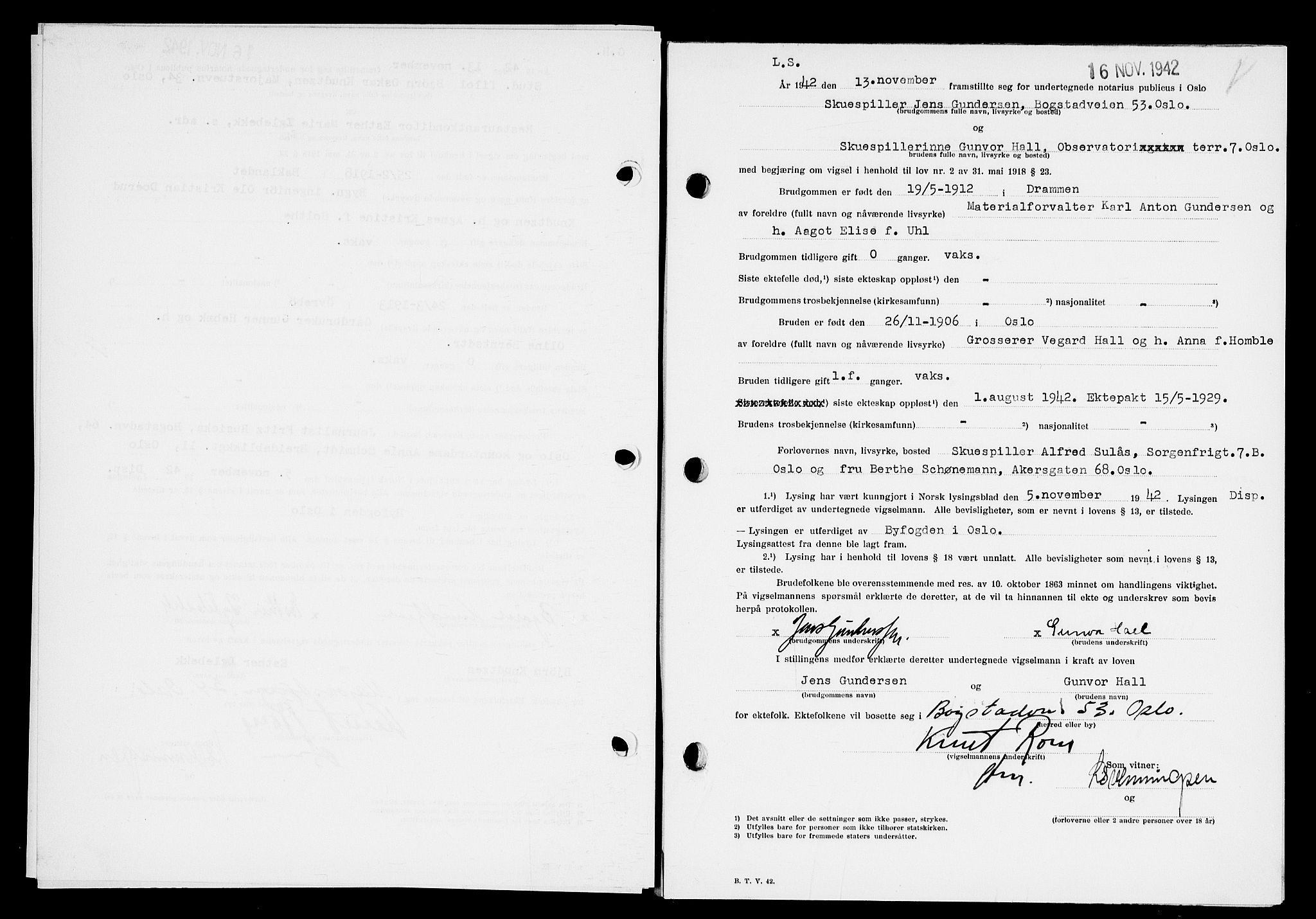 Oslo byfogd avd. I, AV/SAO-A-10220/L/Lb/Lbb/L0042: Notarialprotokoll, rekke II: Vigsler, 1942