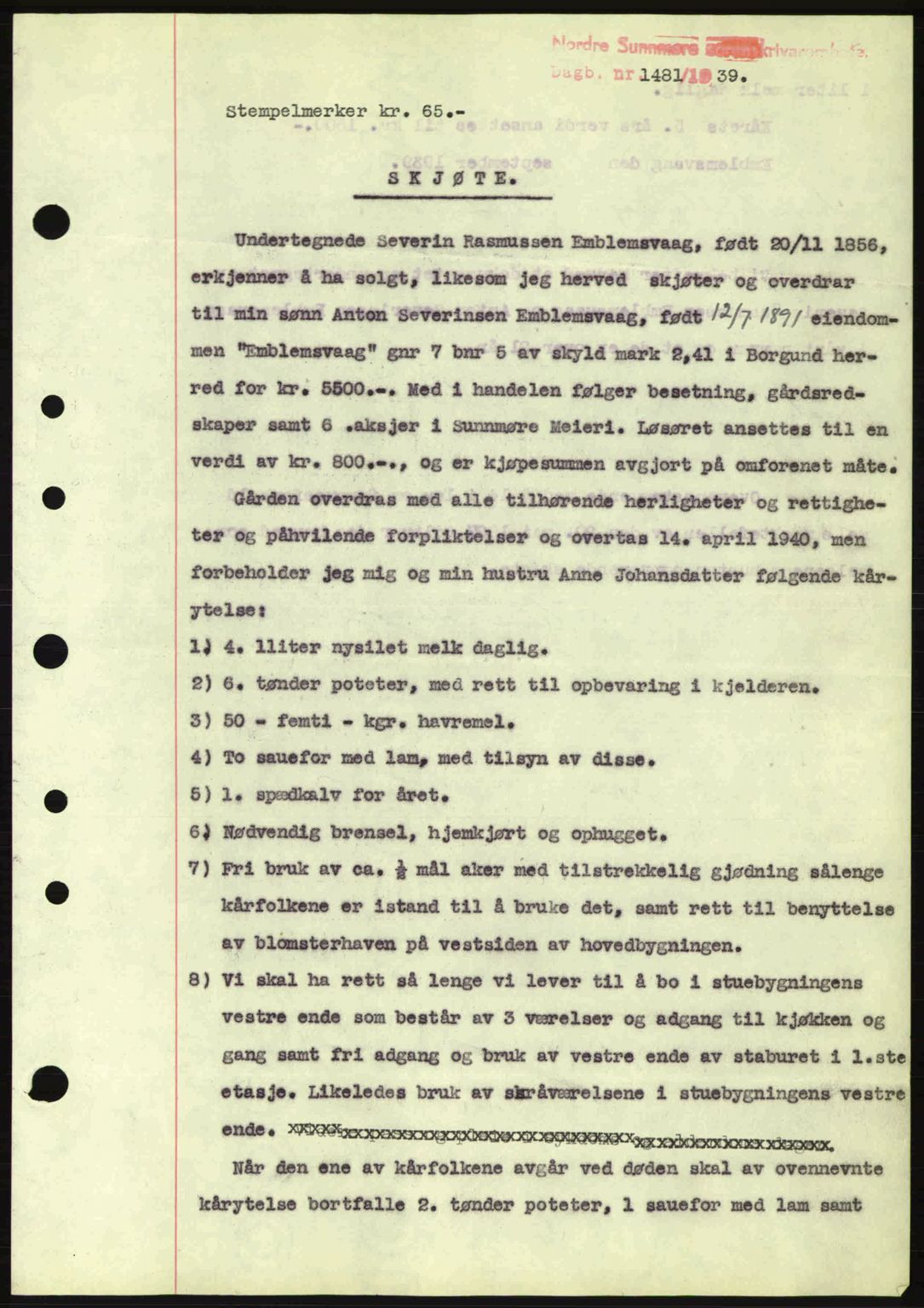 Nordre Sunnmøre sorenskriveri, SAT/A-0006/1/2/2C/2Ca: Pantebok nr. A7, 1939-1939, Dagboknr: 1481/1939