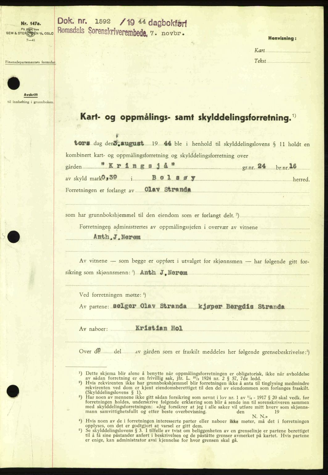 Romsdal sorenskriveri, SAT/A-4149/1/2/2C: Pantebok nr. A17, 1944-1945, Dagboknr: 1592/1944