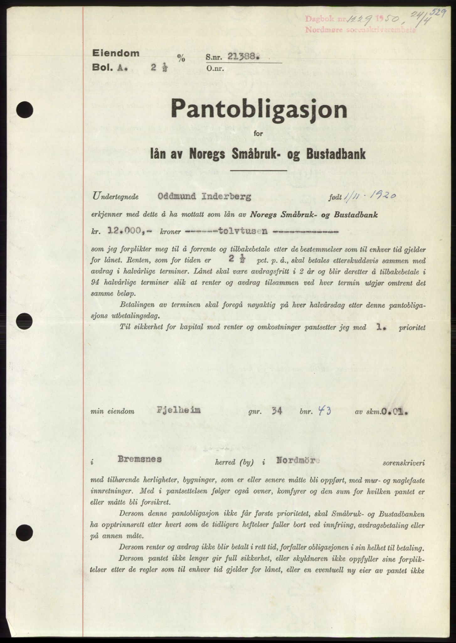Nordmøre sorenskriveri, SAT/A-4132/1/2/2Ca: Pantebok nr. B104, 1950-1950, Dagboknr: 1229/1950