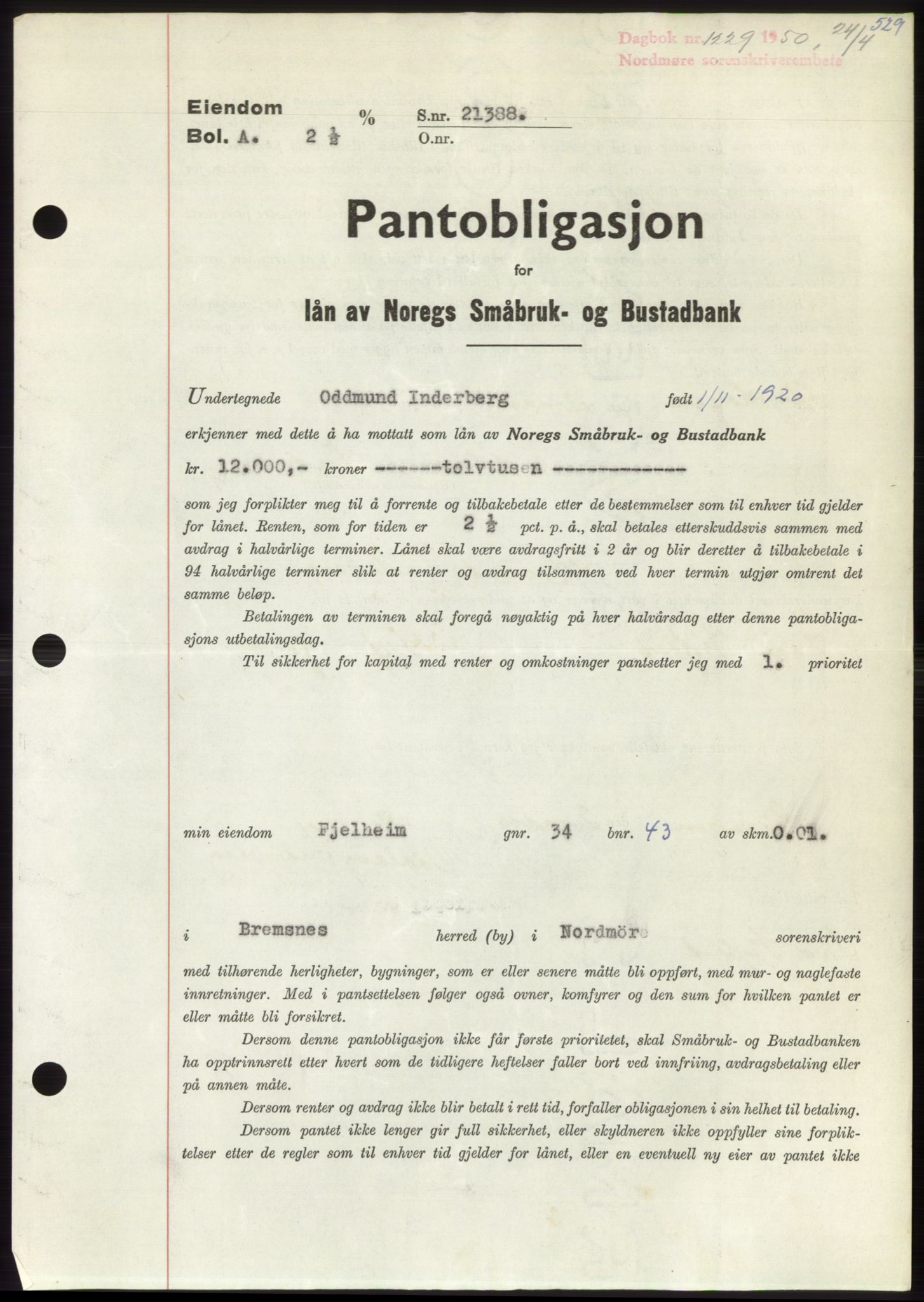 Nordmøre sorenskriveri, AV/SAT-A-4132/1/2/2Ca: Pantebok nr. B104, 1950-1950, Dagboknr: 1229/1950