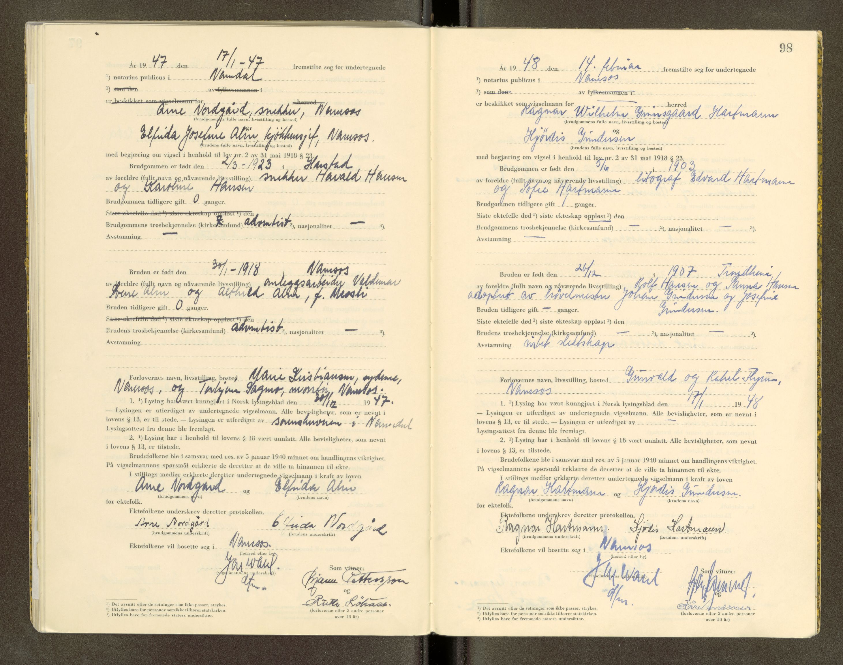 Namdal sorenskriveri, SAT/A-4133/1/6/6D/L0001: Vigselbøker, 1940-1948, s. 98