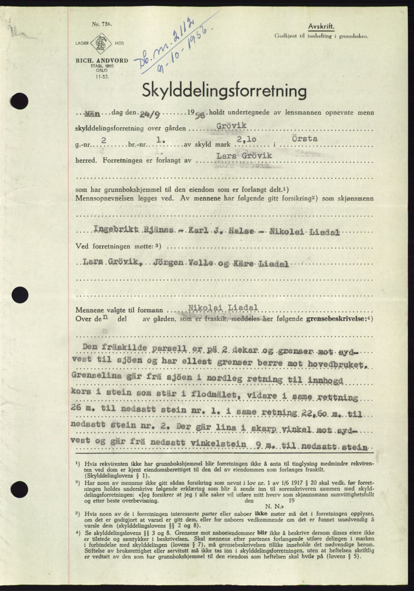 Søre Sunnmøre sorenskriveri, AV/SAT-A-4122/1/2/2C/L0104: Pantebok nr. 30A, 1956-1956, Dagboknr: 2112/1956