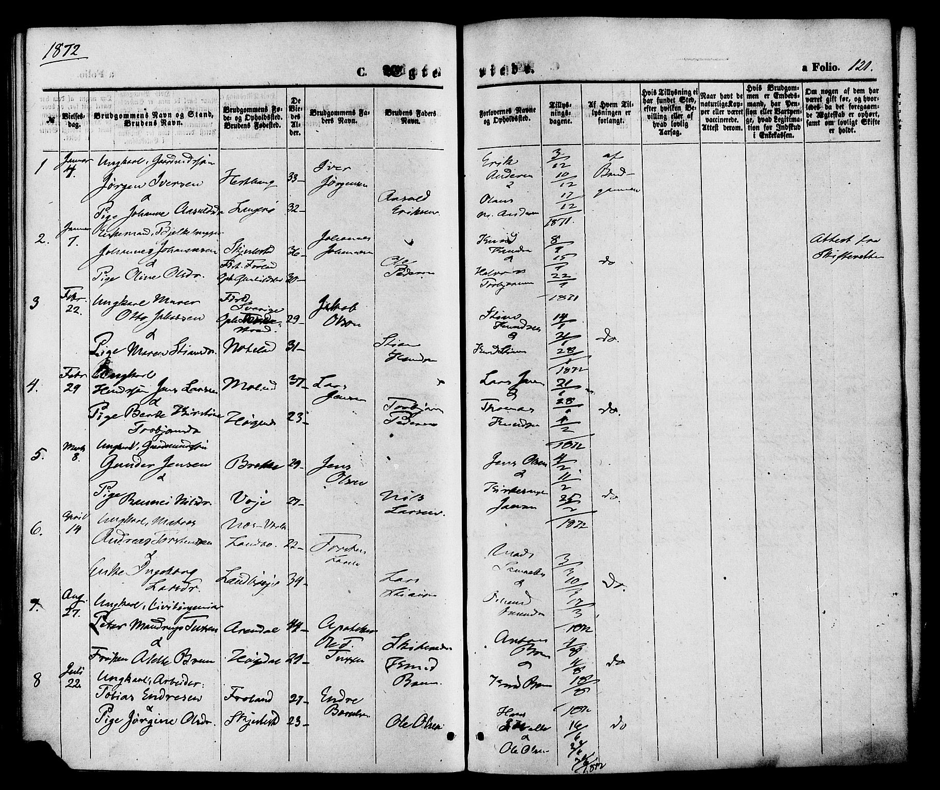 Austre Moland sokneprestkontor, AV/SAK-1111-0001/F/Fa/Faa/L0009: Ministerialbok nr. A 9, 1869-1879, s. 121