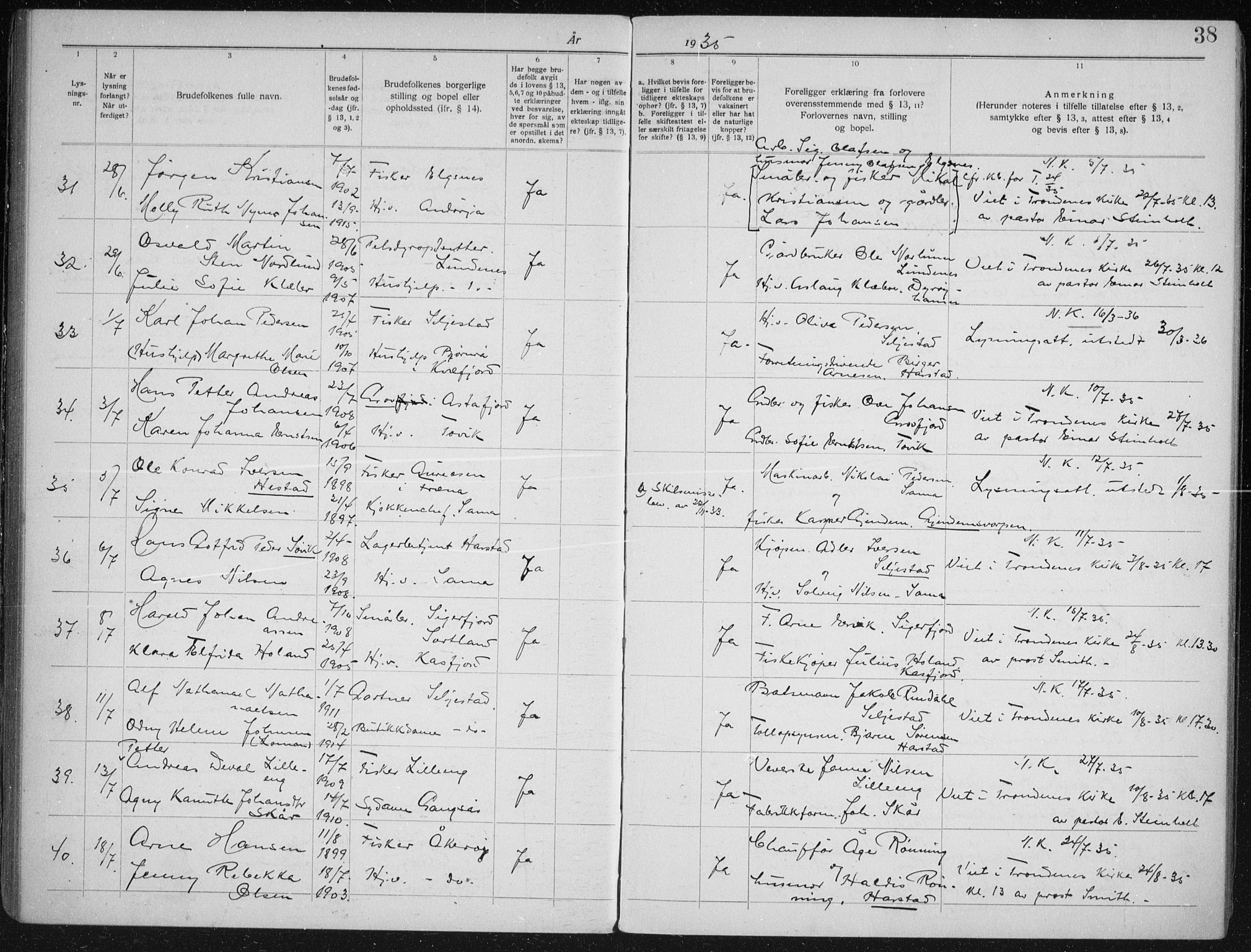 Trondenes sokneprestkontor, AV/SATØ-S-1319/I/Ib/L0100: Lysningsprotokoll nr. 100, 1931-1940, s. 38