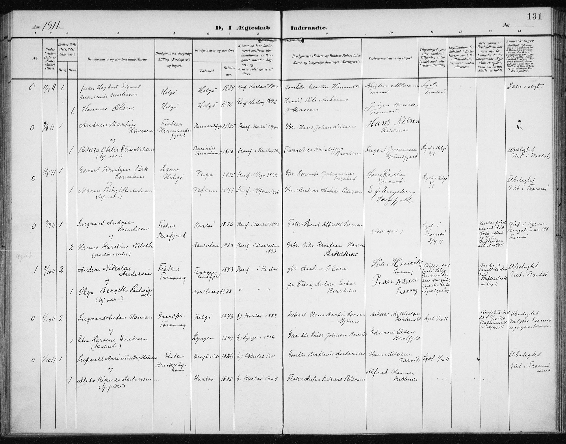 Karlsøy sokneprestembete, AV/SATØ-S-1299/H/Ha/Haa/L0013kirke: Ministerialbok nr. 13, 1902-1916, s. 131