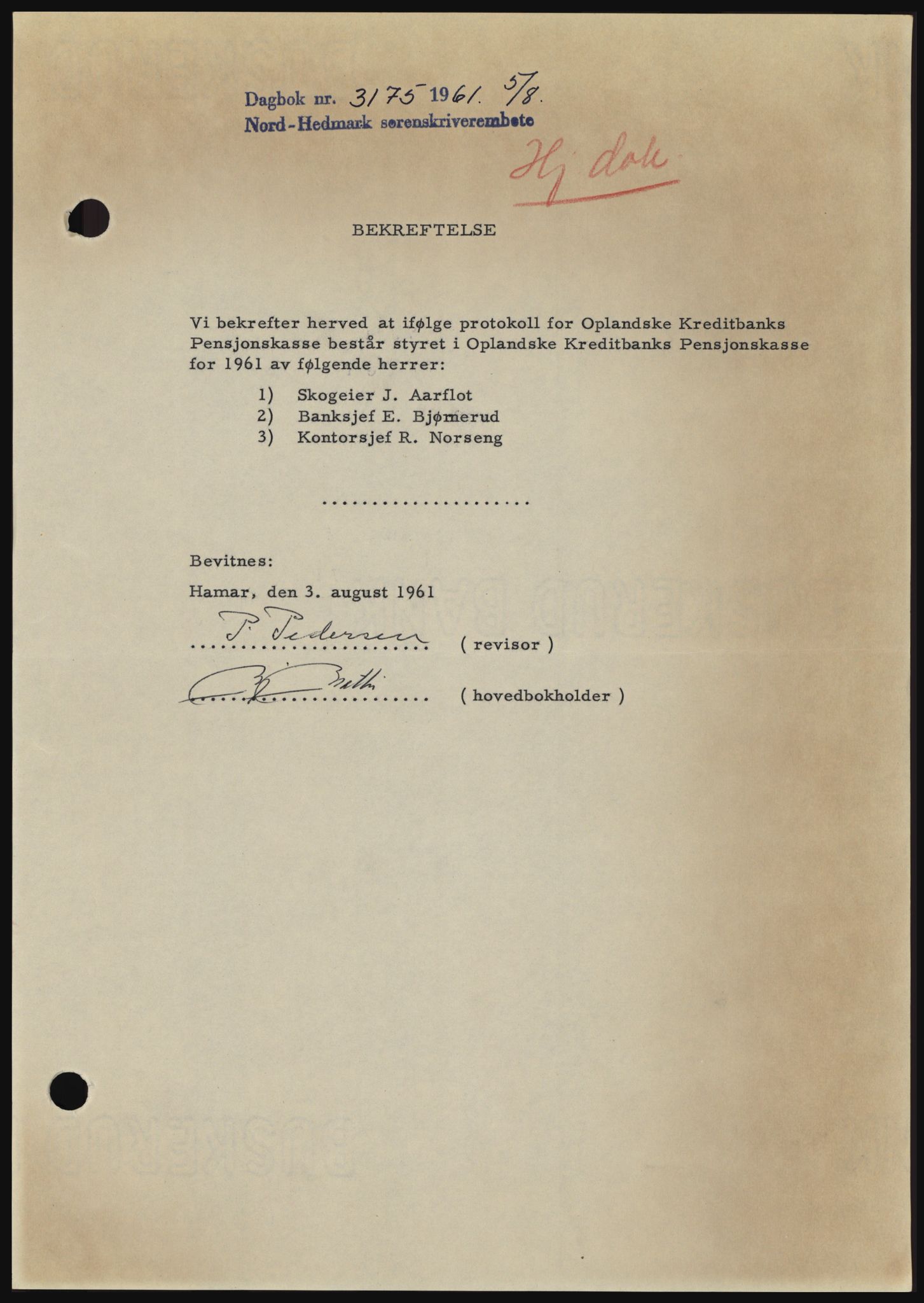 Nord-Hedmark sorenskriveri, SAH/TING-012/H/Hc/L0015: Pantebok nr. 15, 1961-1961, Dagboknr: 3175/1961