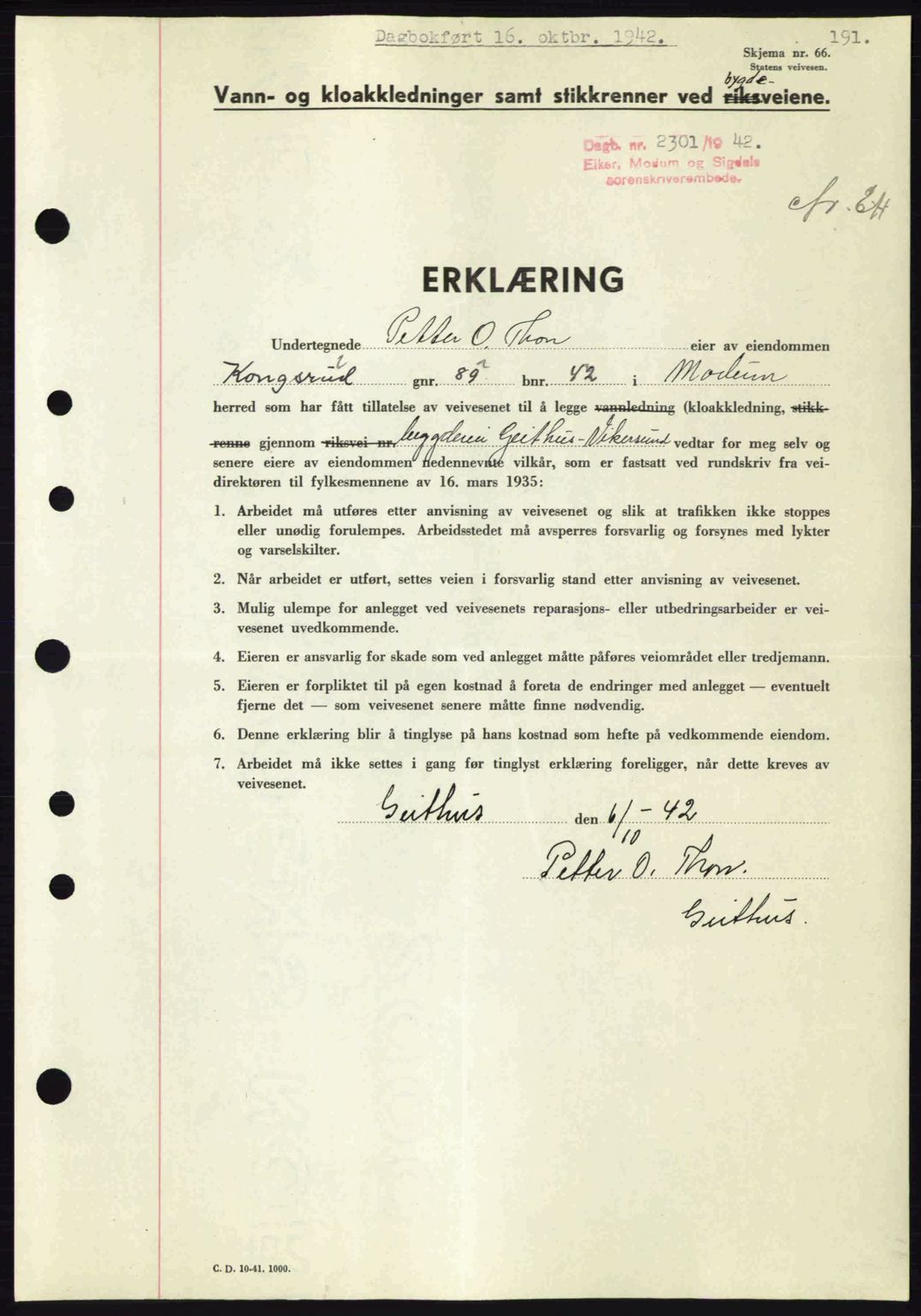 Eiker, Modum og Sigdal sorenskriveri, SAKO/A-123/G/Ga/Gab/L0047: Pantebok nr. A17, 1942-1943, Dagboknr: 2301/1942