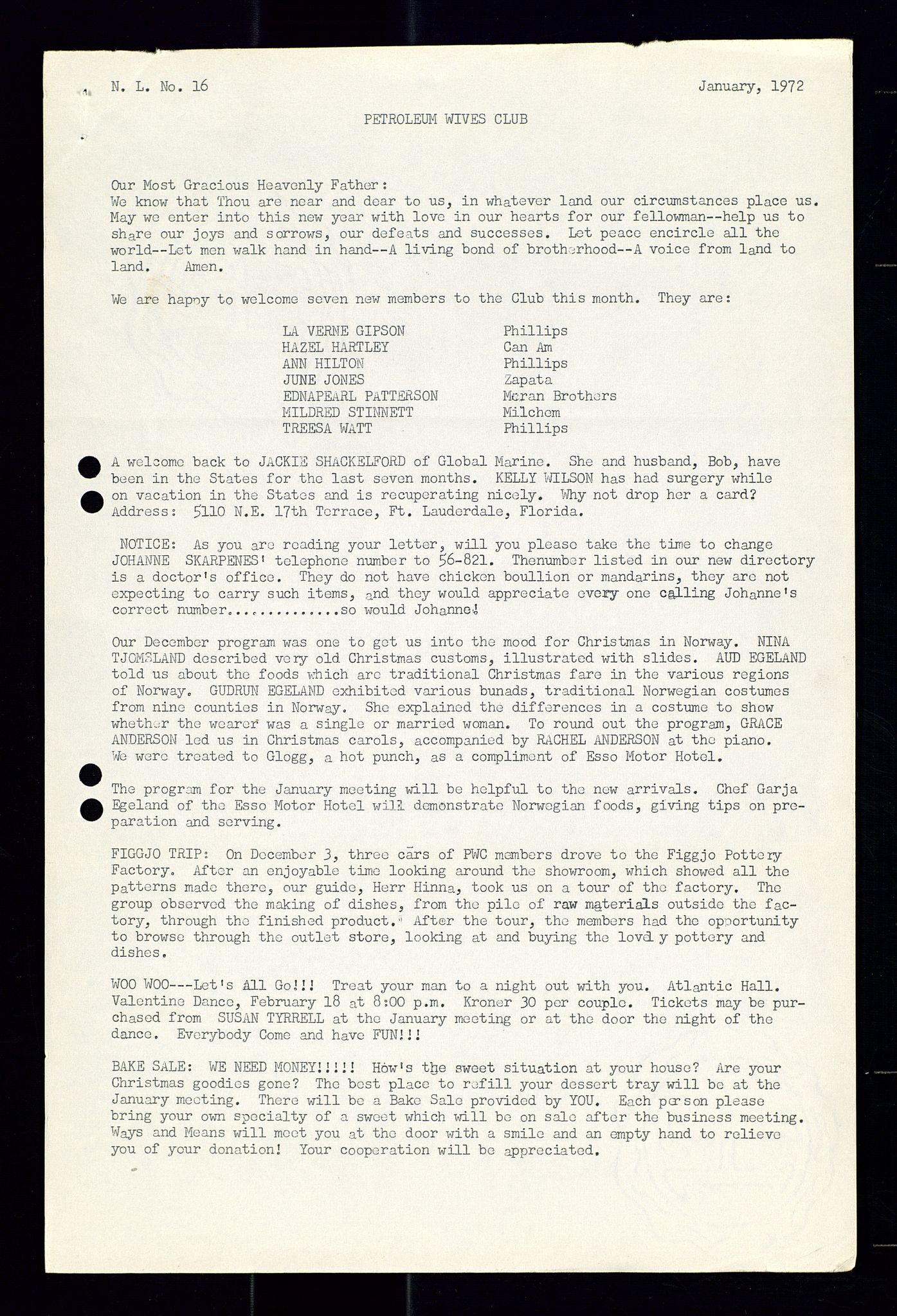 PA 1547 - Petroleum Wives Club, SAST/A-101974/X/Xa/L0001: Newsletters (1971-1978)/radiointervjuer på kasett (1989-1992), 1970-1978