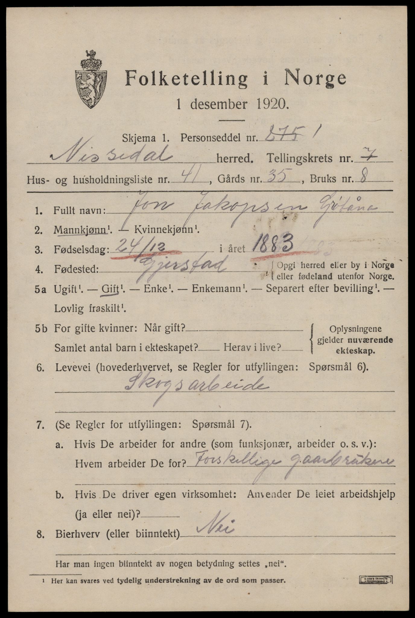 SAKO, Folketelling 1920 for 0830 Nissedal herred, 1920, s. 3021