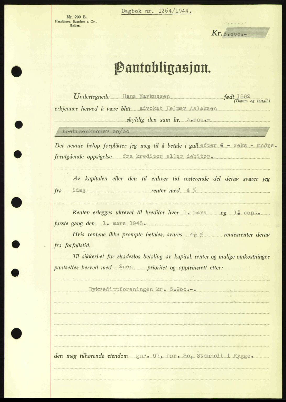 Moss sorenskriveri, SAO/A-10168: Pantebok nr. B13, 1943-1945, Dagboknr: 1264/1944