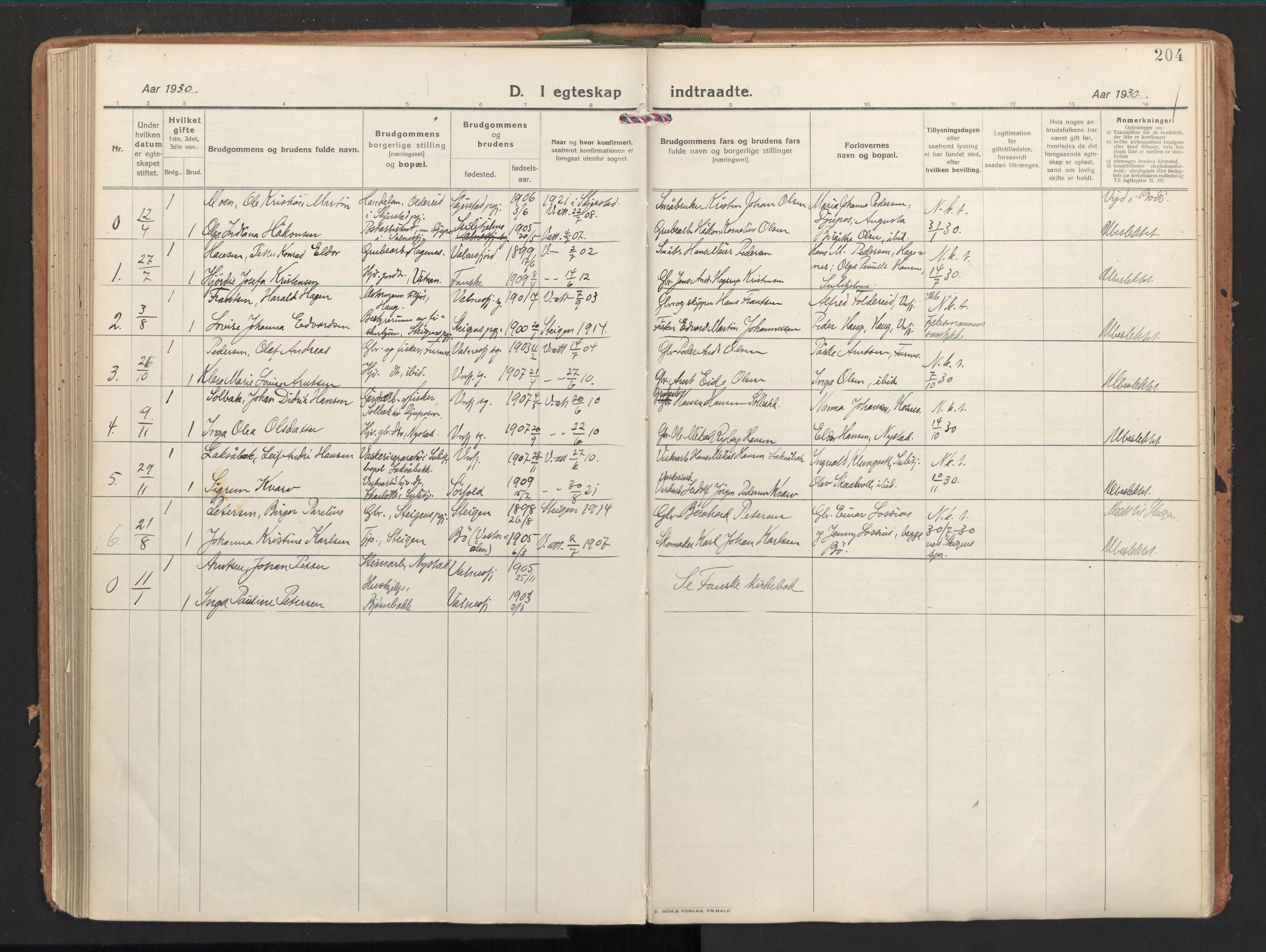 Ministerialprotokoller, klokkerbøker og fødselsregistre - Nordland, AV/SAT-A-1459/851/L0725: Ministerialbok nr. 851A02, 1922-1944, s. 204