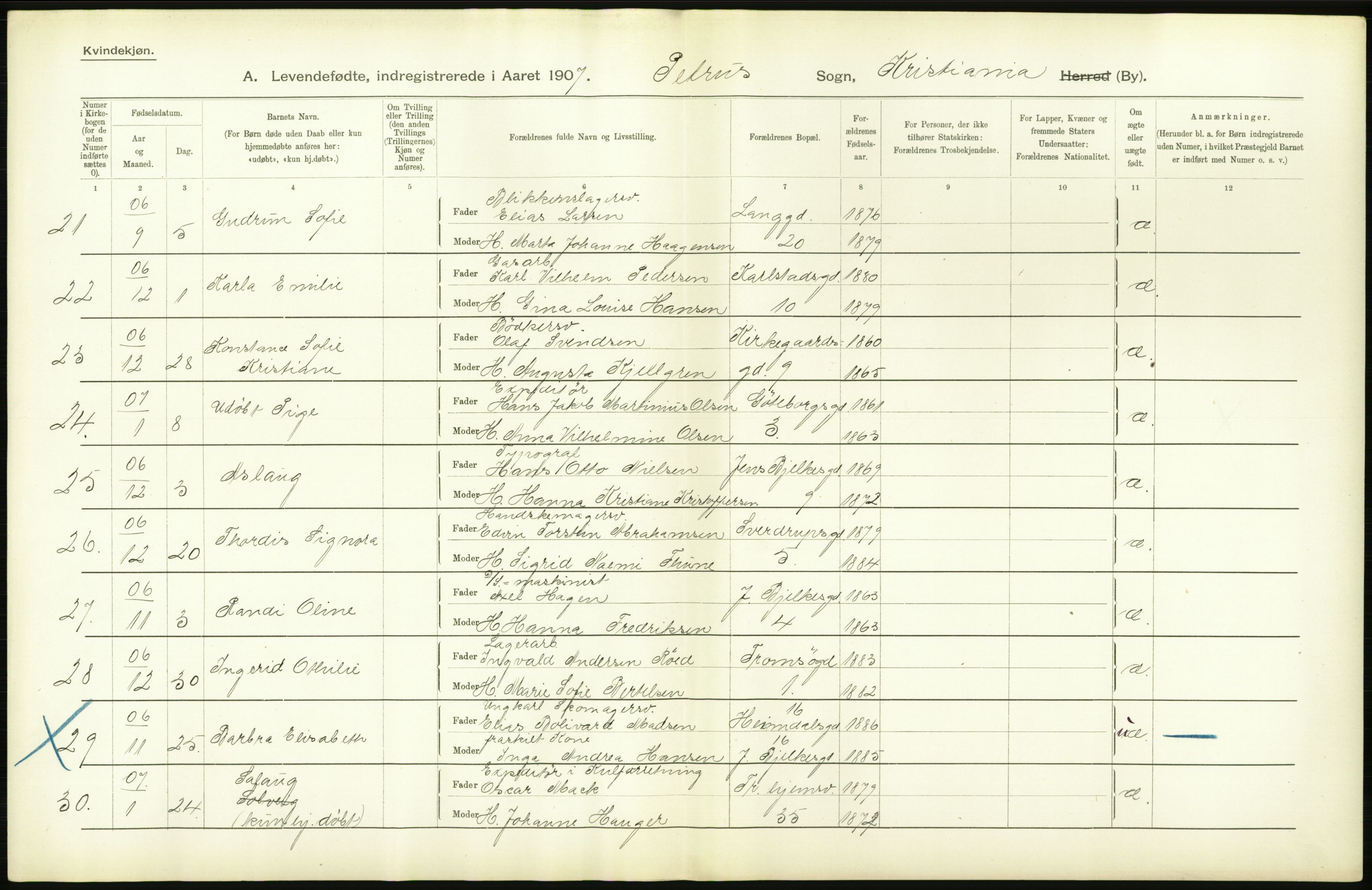 Statistisk sentralbyrå, Sosiodemografiske emner, Befolkning, AV/RA-S-2228/D/Df/Dfa/Dfae/L0006: Kristiania: Levendefødte menn og kvinner., 1907, s. 672