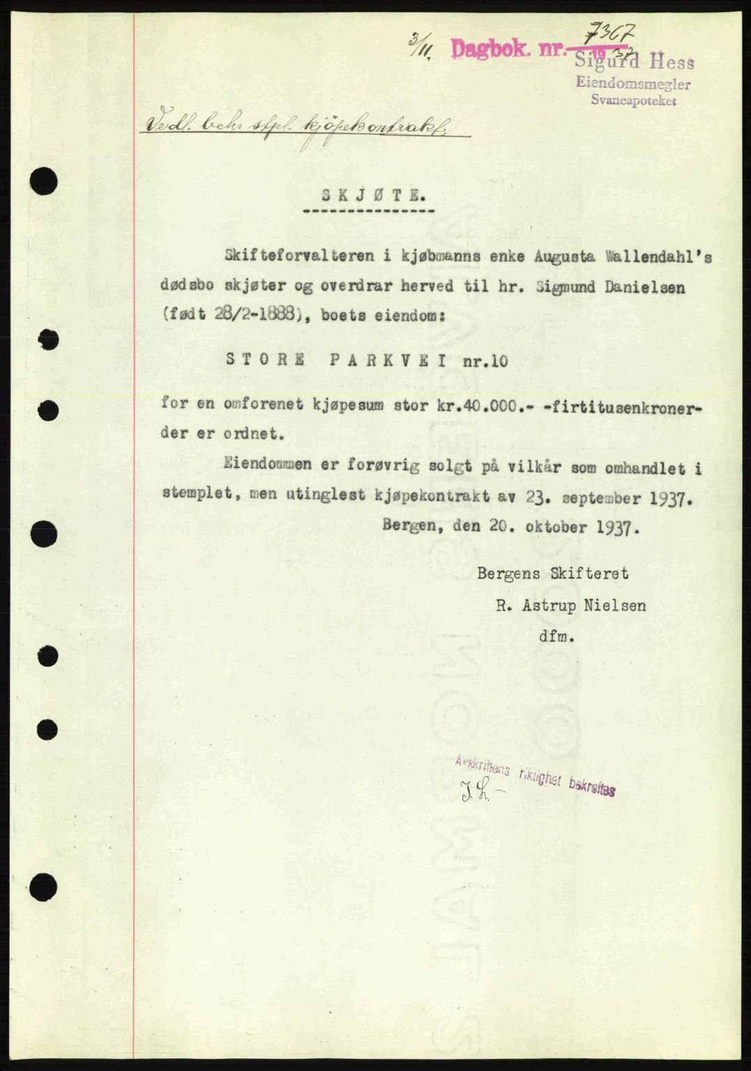 Byfogd og Byskriver i Bergen, SAB/A-3401/03/03Bc/L0006: Pantebok nr. A5, 1937-1938, Dagboknr: 7367/1937