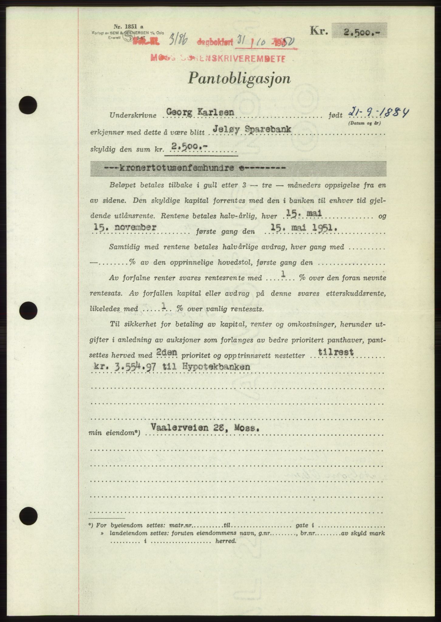 Moss sorenskriveri, SAO/A-10168: Pantebok nr. B25, 1950-1950, Dagboknr: 3186/1950