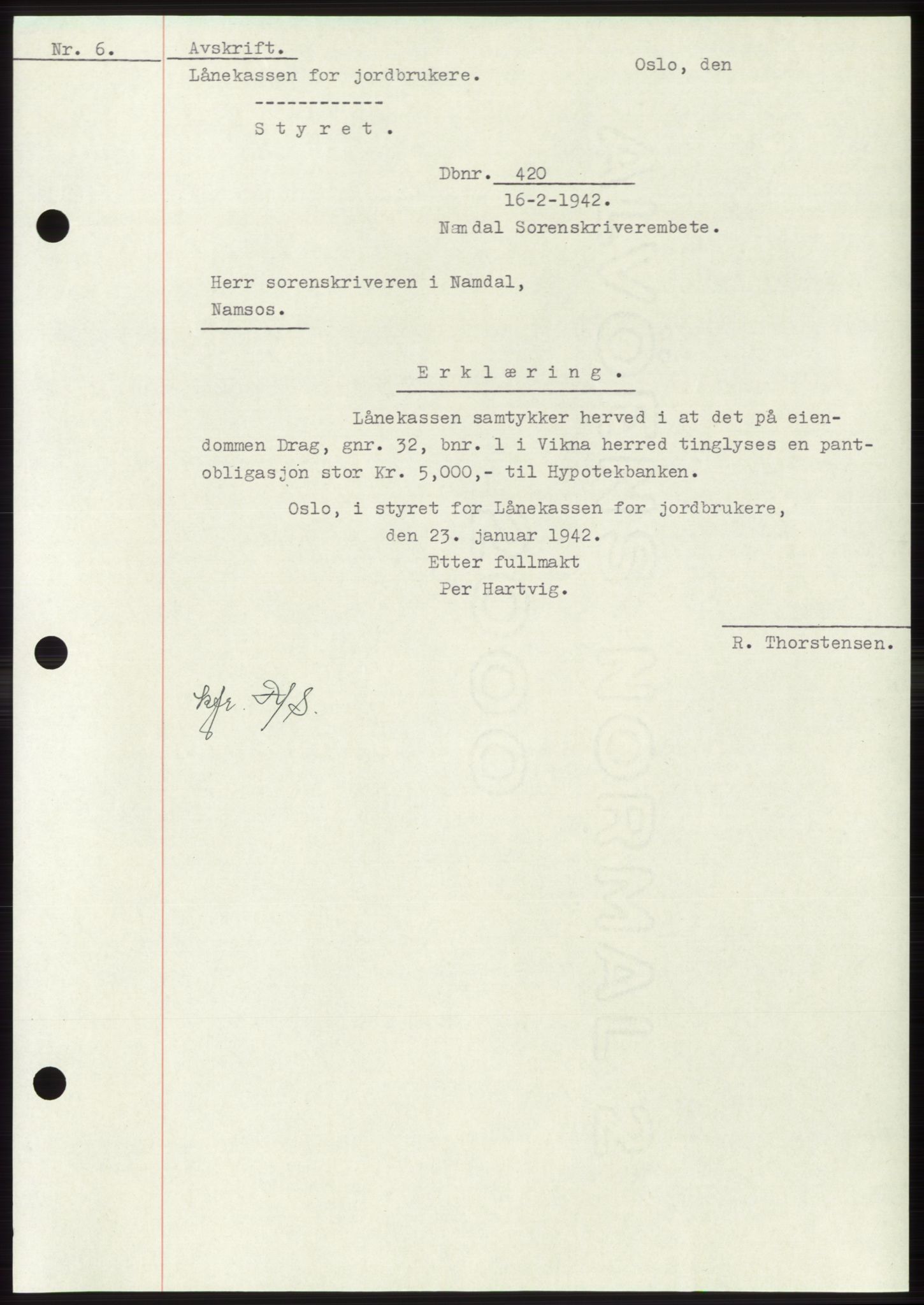 Namdal sorenskriveri, SAT/A-4133/1/2/2C: Pantebok nr. -, 1941-1942, Dagboknr: 420/1942