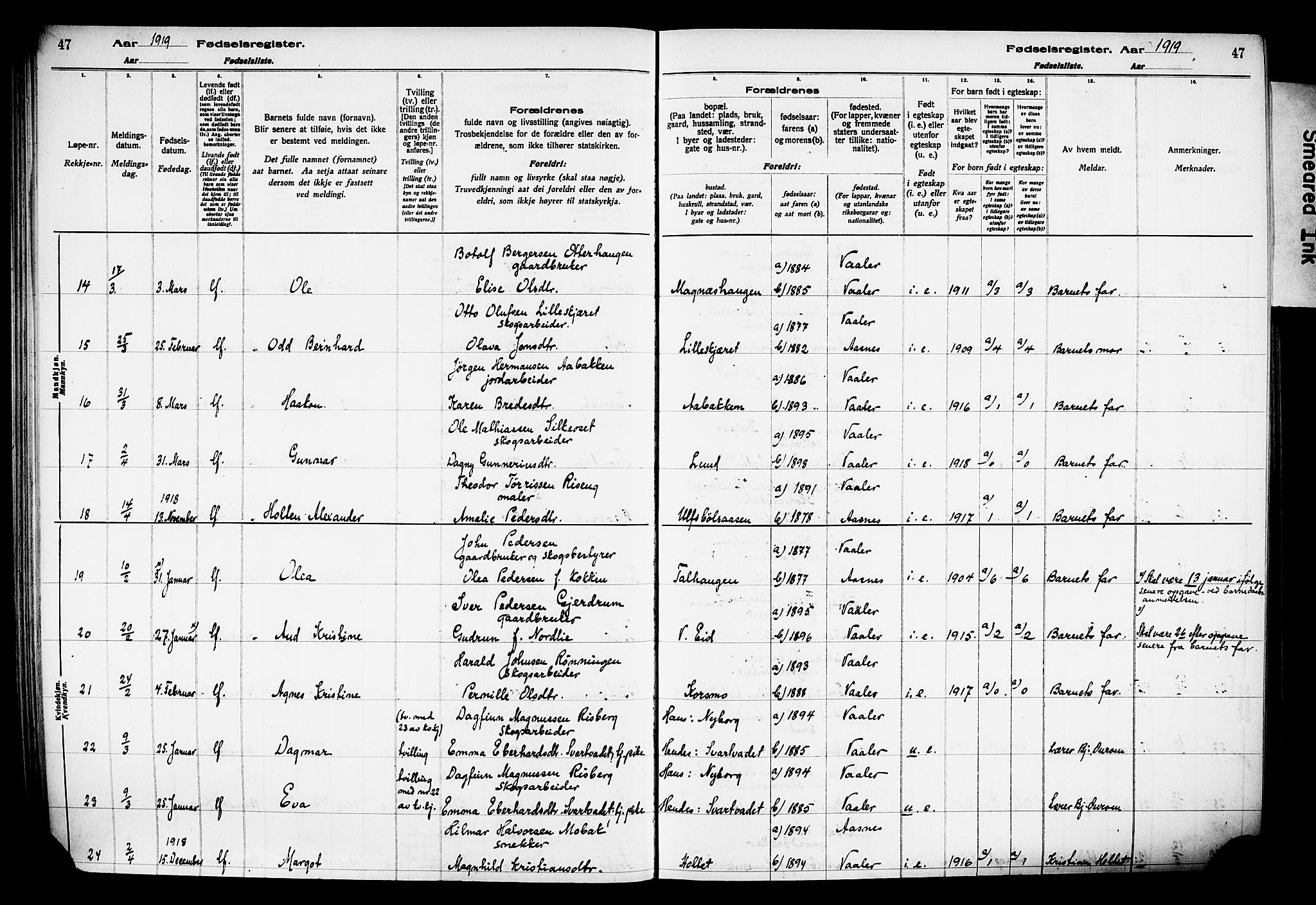 Våler prestekontor, Hedmark, AV/SAH-PREST-040/I/Id/L0001: Fødselsregister nr. 1, 1916-1930, s. 47