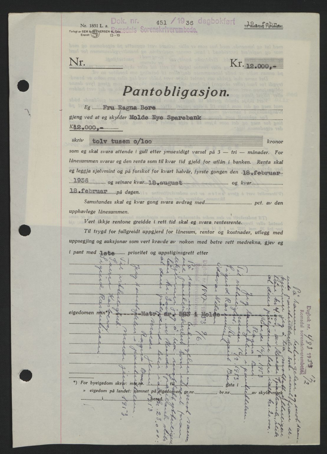 Romsdal sorenskriveri, SAT/A-4149/1/2/2C: Pantebok nr. B1, 1936-1939, Dagboknr: 451/1936
